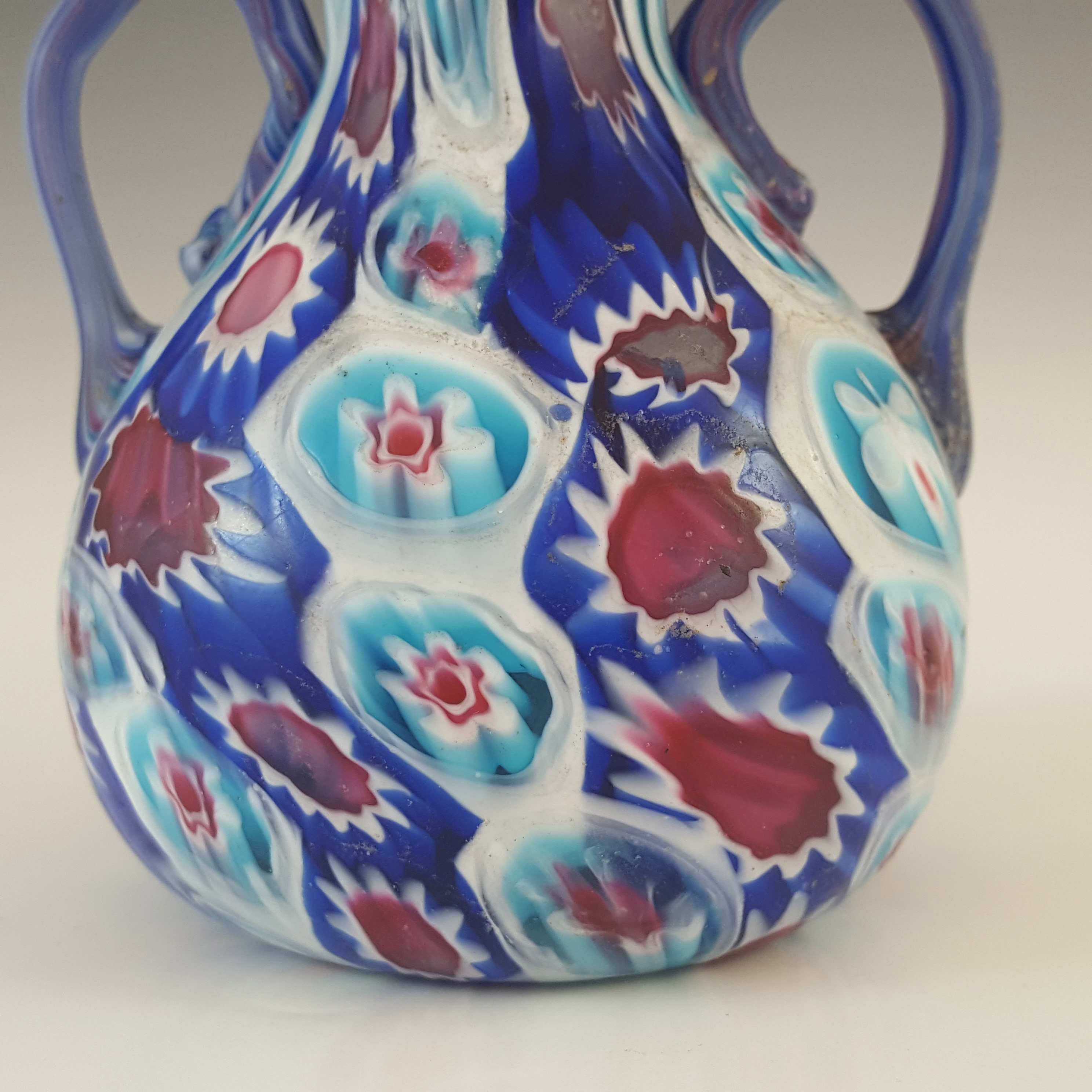 (image for) Fratelli Toso Millefiori Canes Blue, White & Red Murano Glass Vase - Click Image to Close