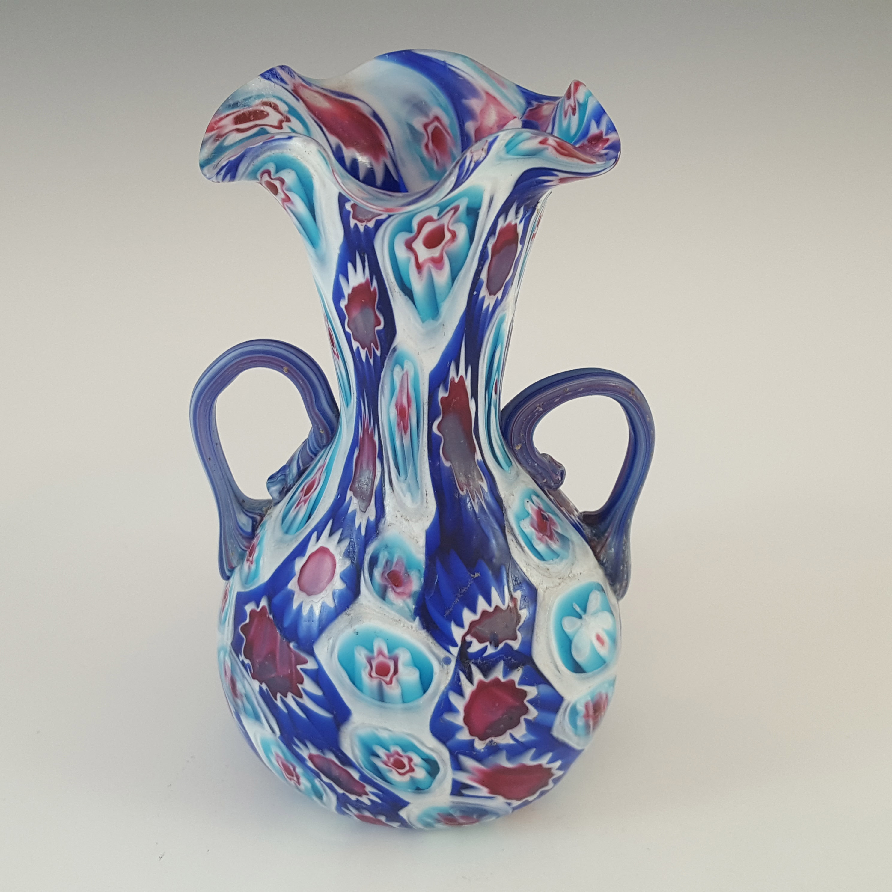 Fratelli Toso Millefiori Canes Blue, White & Red Murano Glass Vase - Click Image to Close