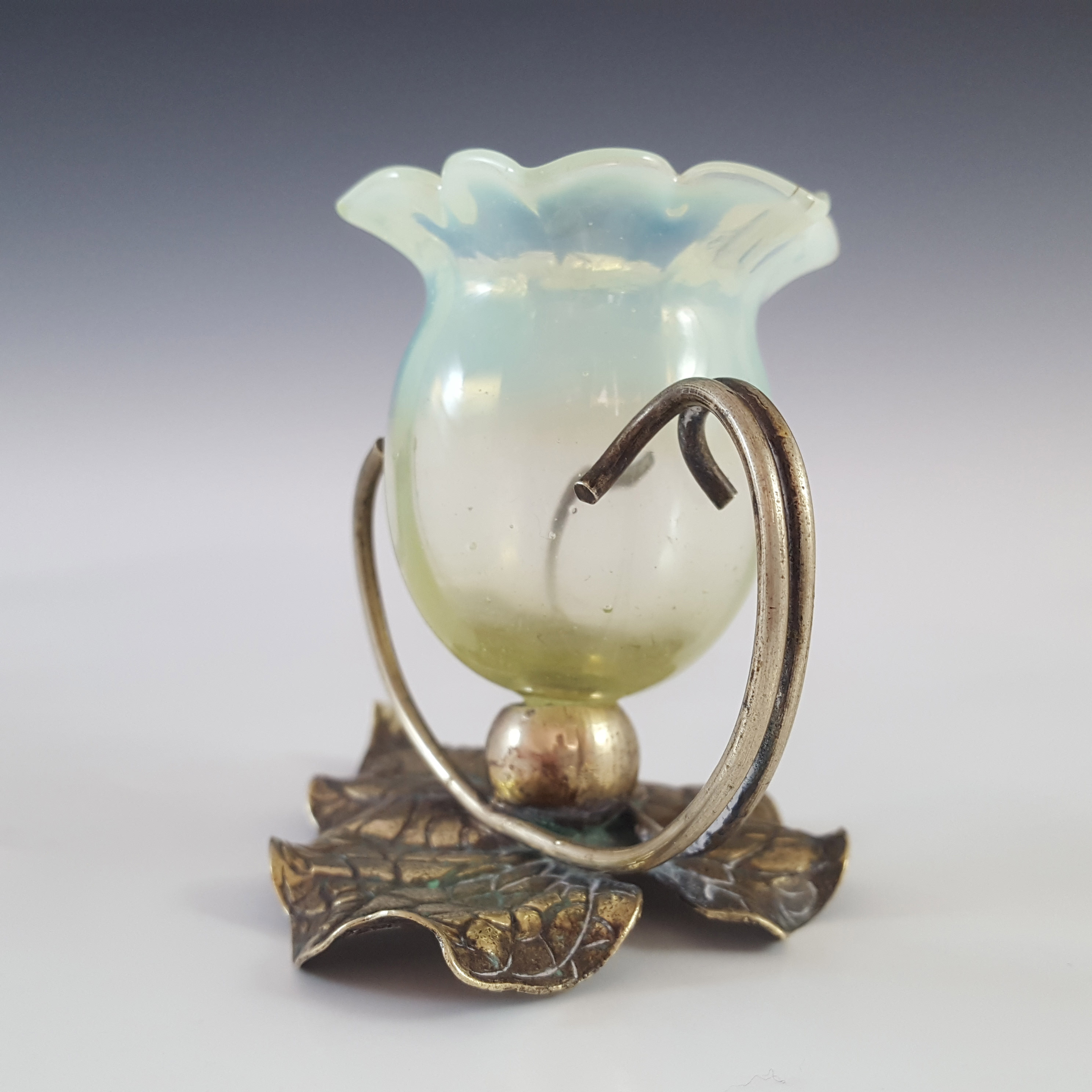 (image for) Victorian Vaseline / Uranium Glass + Silver Base Vase - Click Image to Close