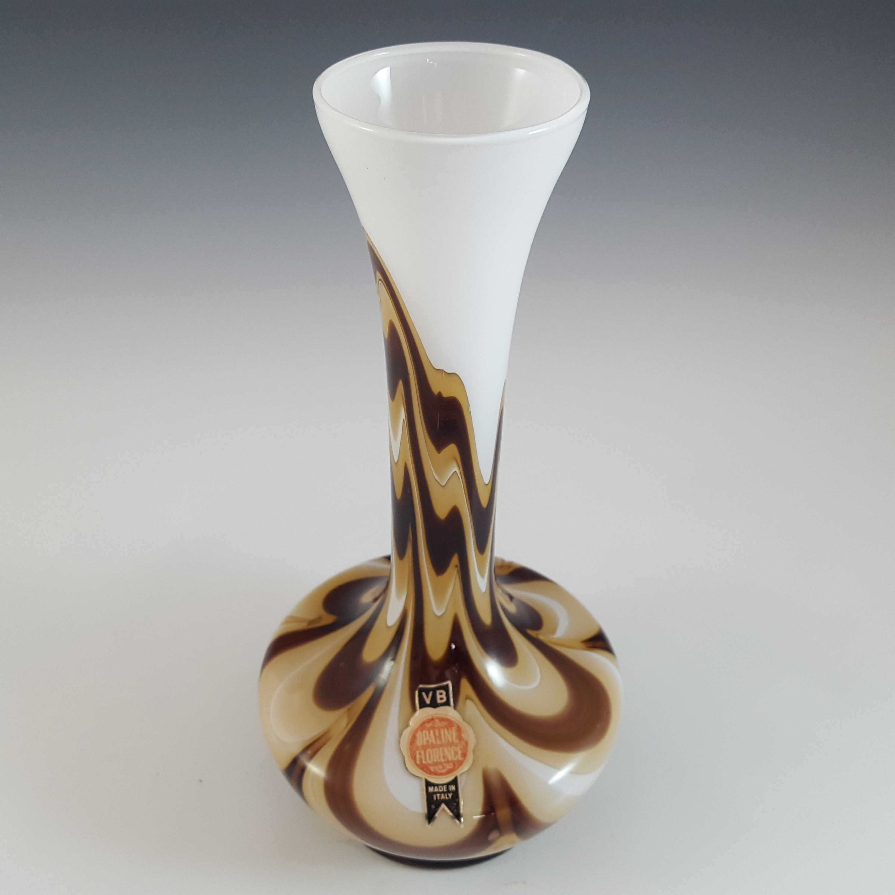 LABELLED V.B. Opaline Florence Empoli White & Brown Glass Vase - Click Image to Close