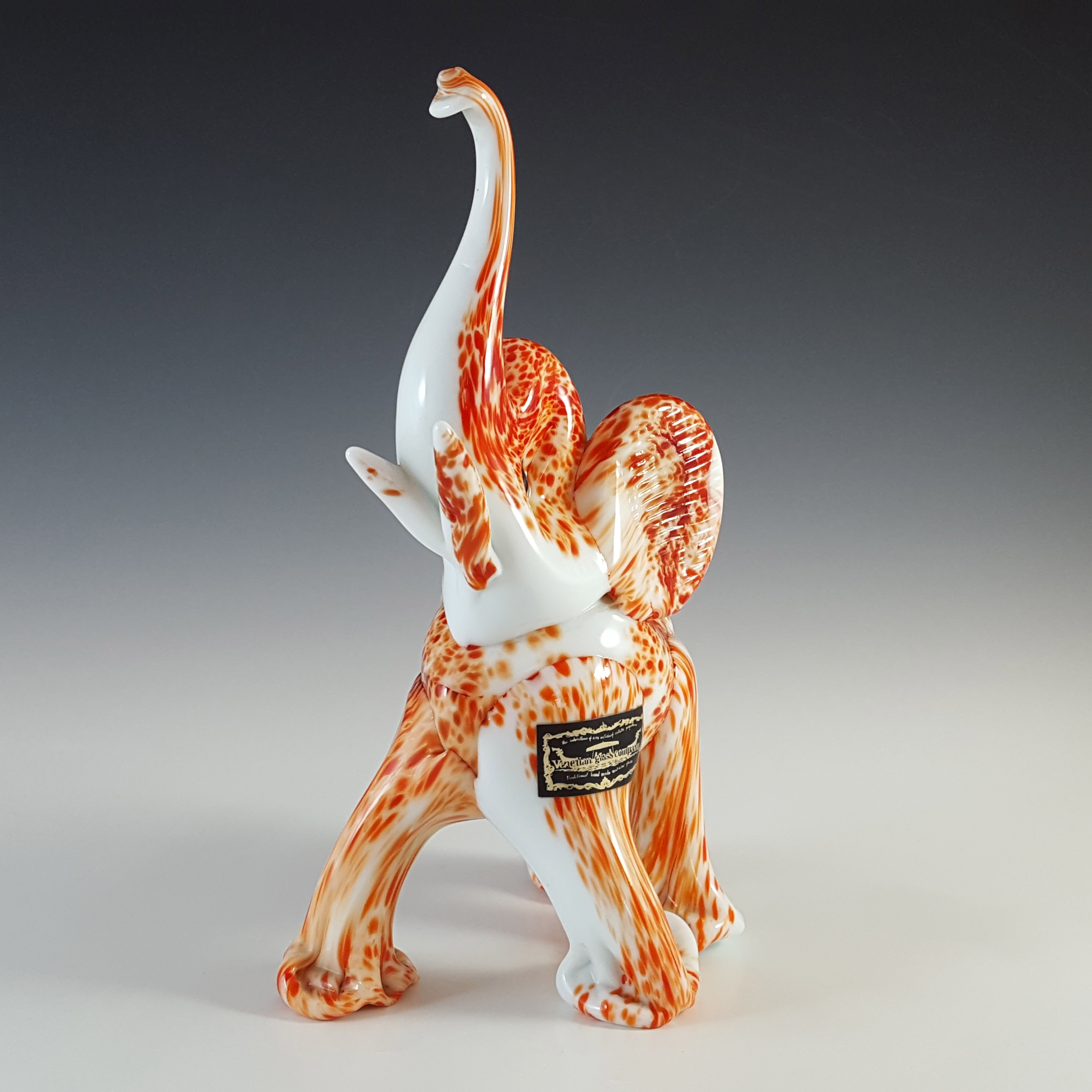 (image for) LABELLED Venetian Glass Company Murano Style Orange & White Elephant - Click Image to Close