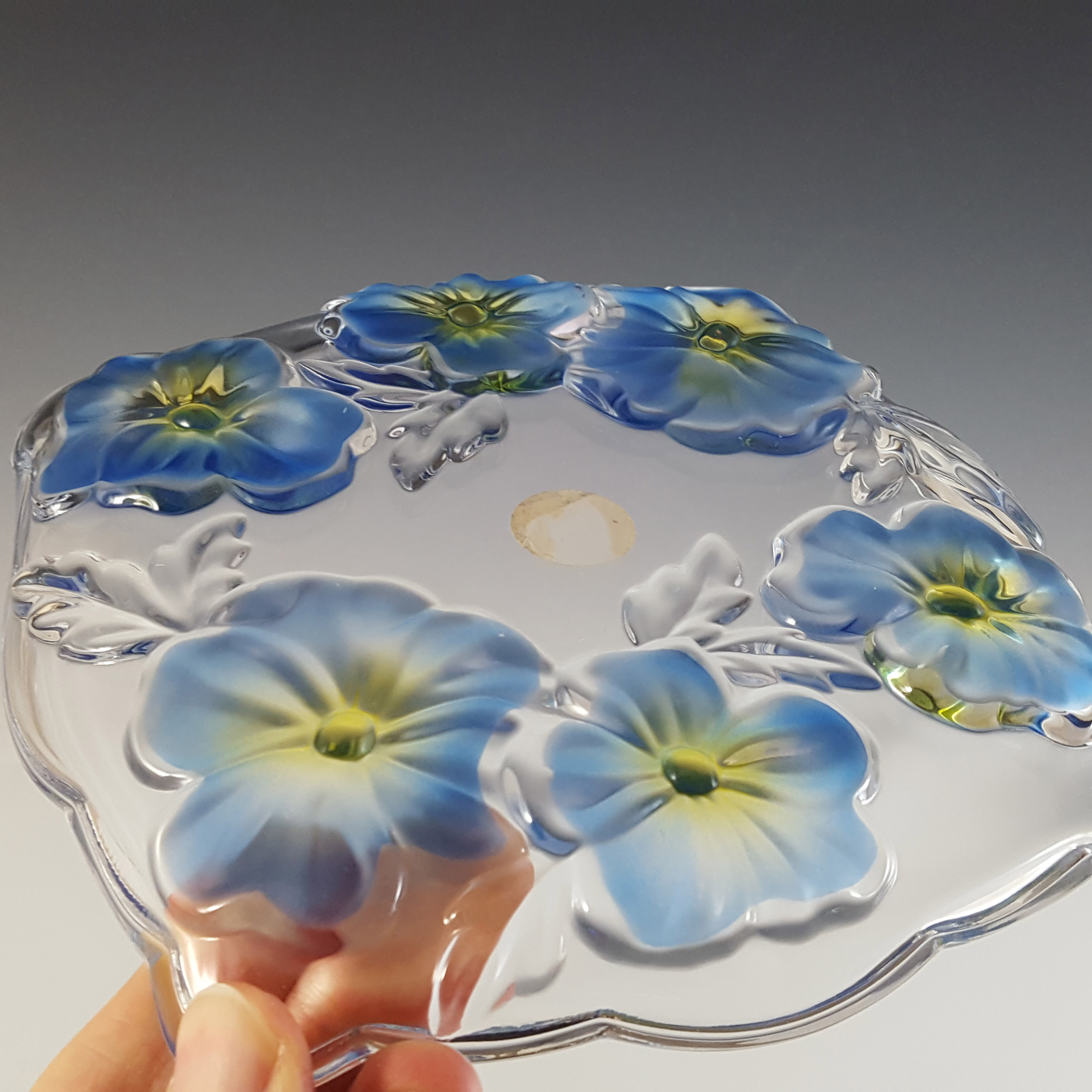 (image for) LABELLED Waltherglas Blue & Yellow Glass 'Pansy' Dish / Bowl - Click Image to Close