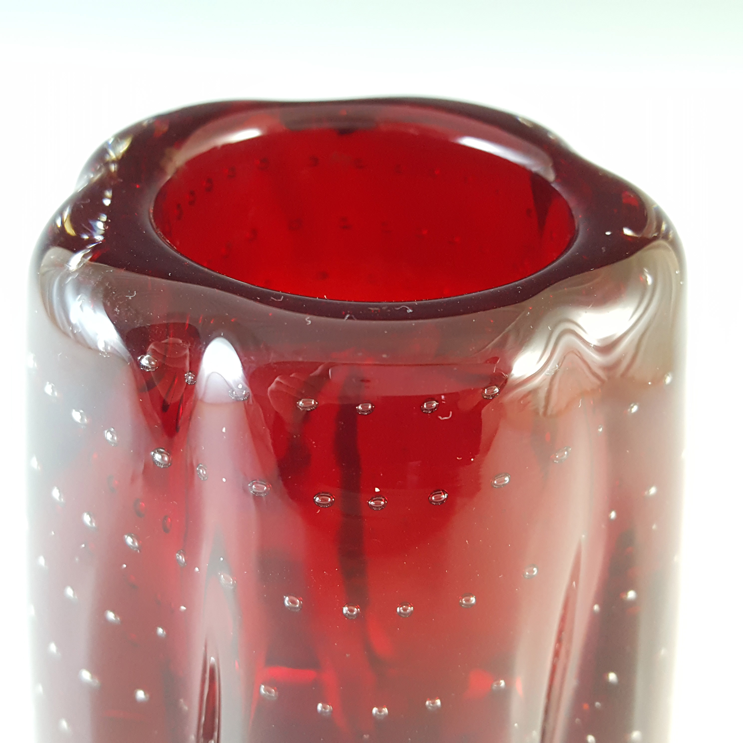 (image for) Whitefriars #9775 Ruby Red Glass Controlled Bubble Lobed Vase - Click Image to Close