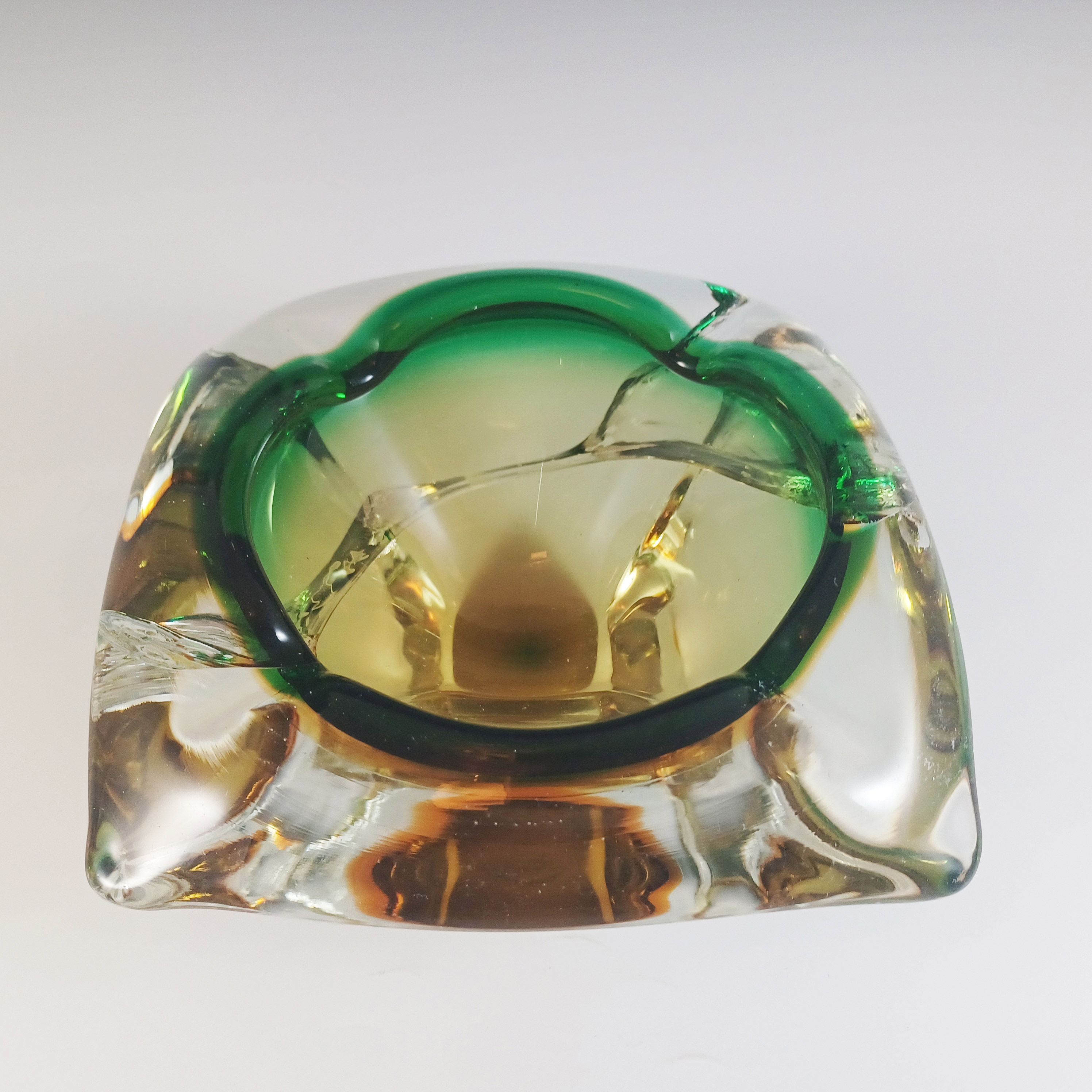 Arte Nuova Murano Green & Amber Sommerso Glass Bowl - Click Image to Close