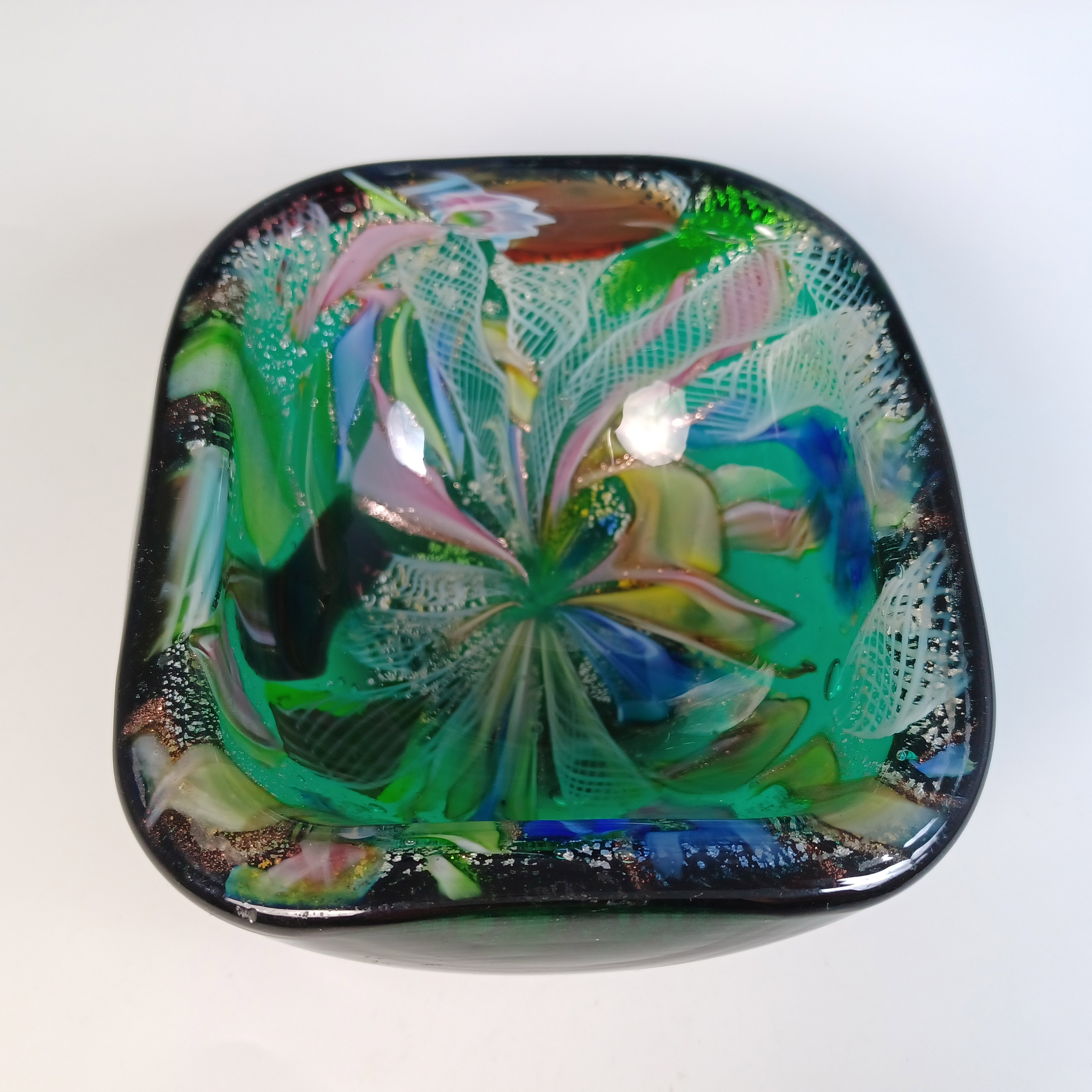 AVEM Murano Zanfirico Bizantino / Tutti Frutti Green Glass Bowl - Click Image to Close