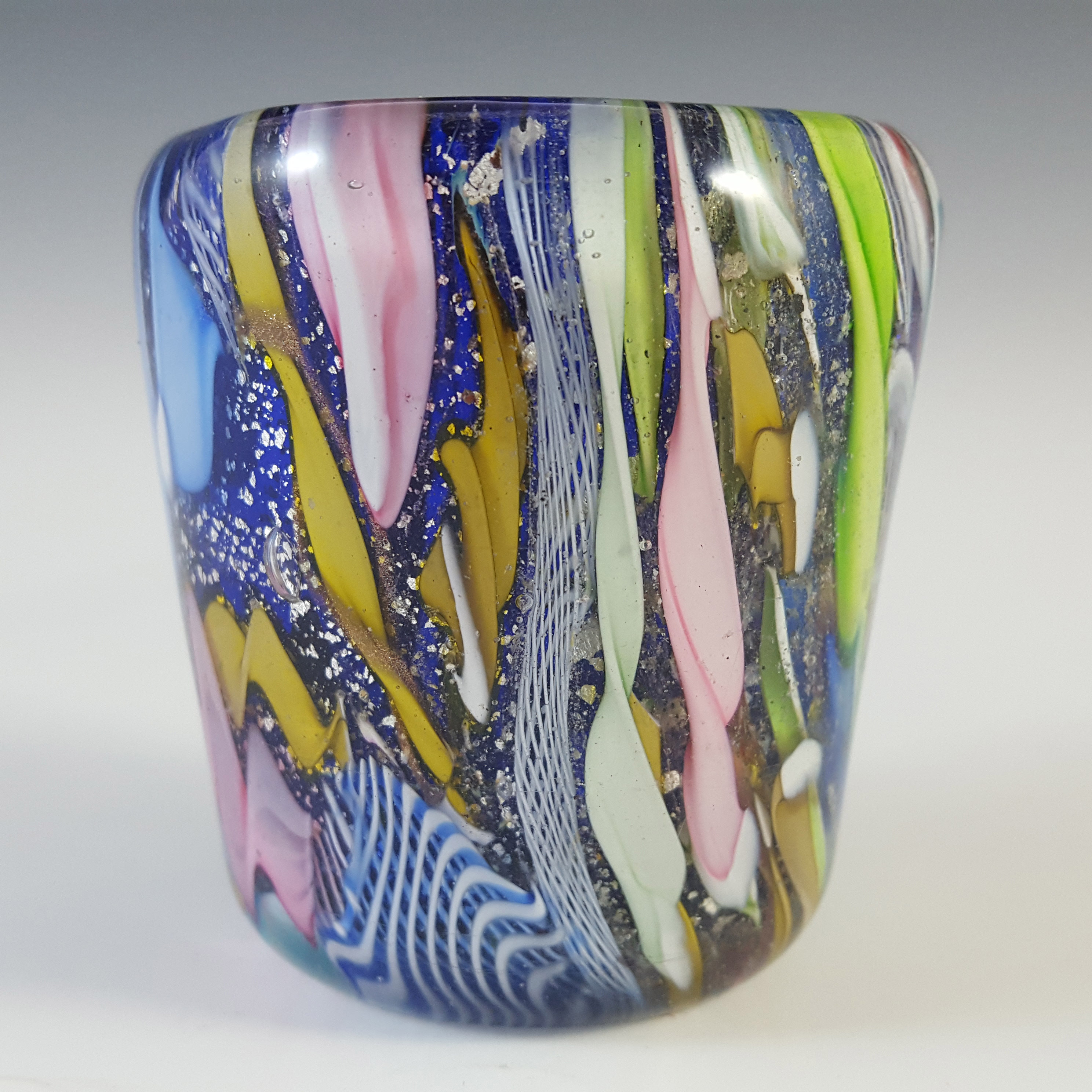 AVEM Murano Zanfirico Bizantino / Tutti Frutti Blue Glass Vase - Click Image to Close