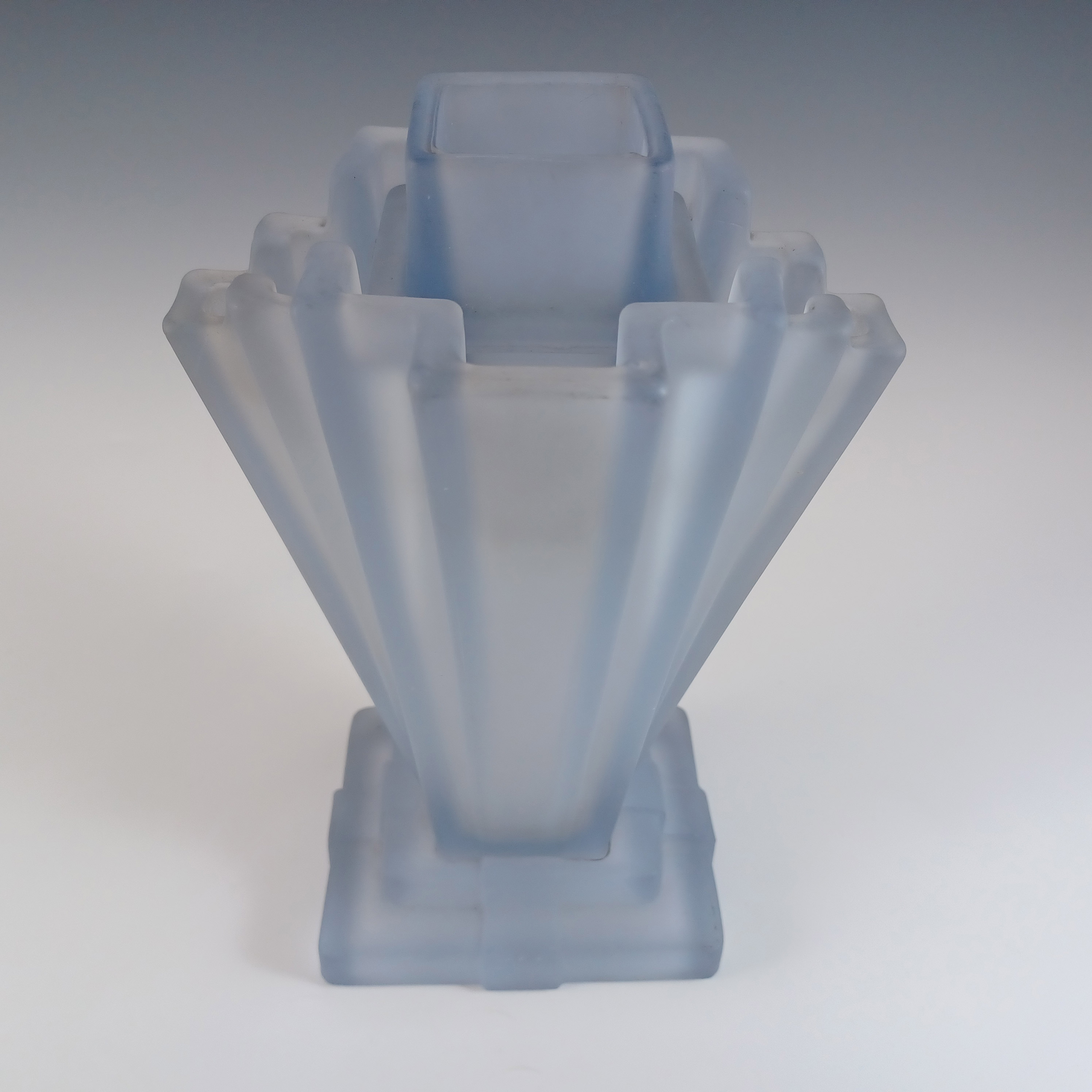 (image for) Bagley #334 Art Deco 8" Frosted Blue Glass 'Grantham' Vase - Click Image to Close