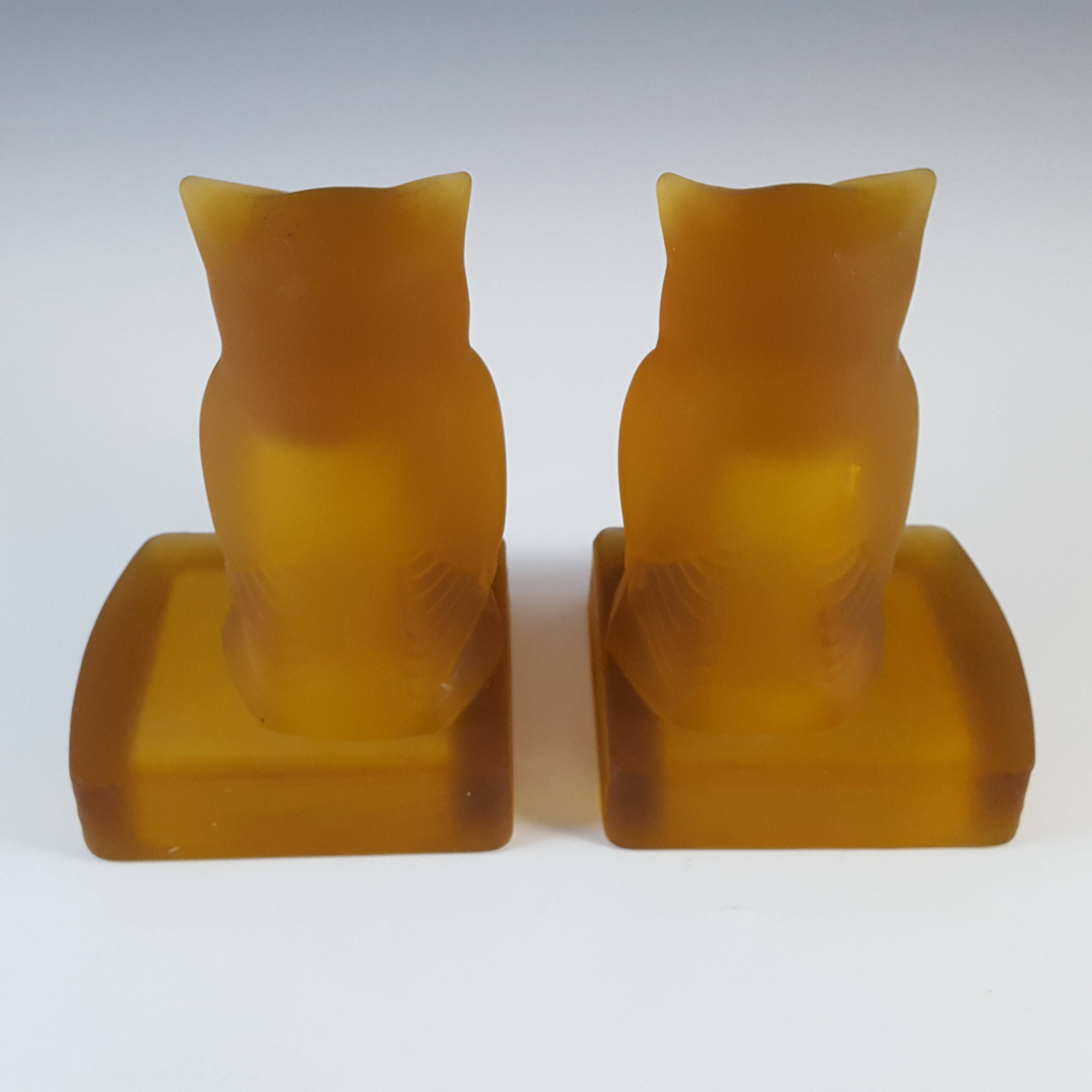Bagley Art Deco Frosted Amber Glass Owl Bookends / Book Ends - Click Image to Close