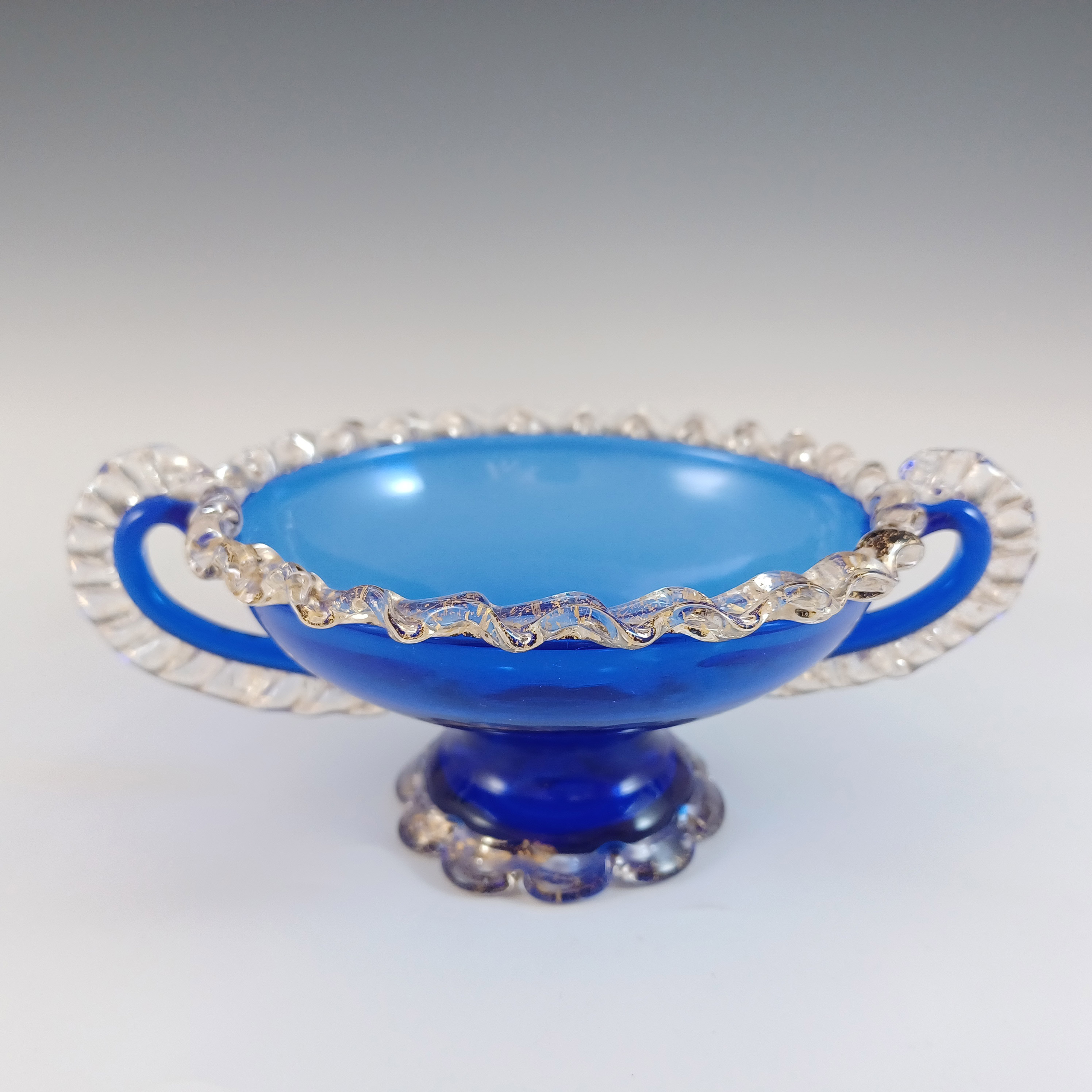 (image for) Murano / Venetian Blue Glass & Gold Leaf Vintage Footed Bowl - Click Image to Close