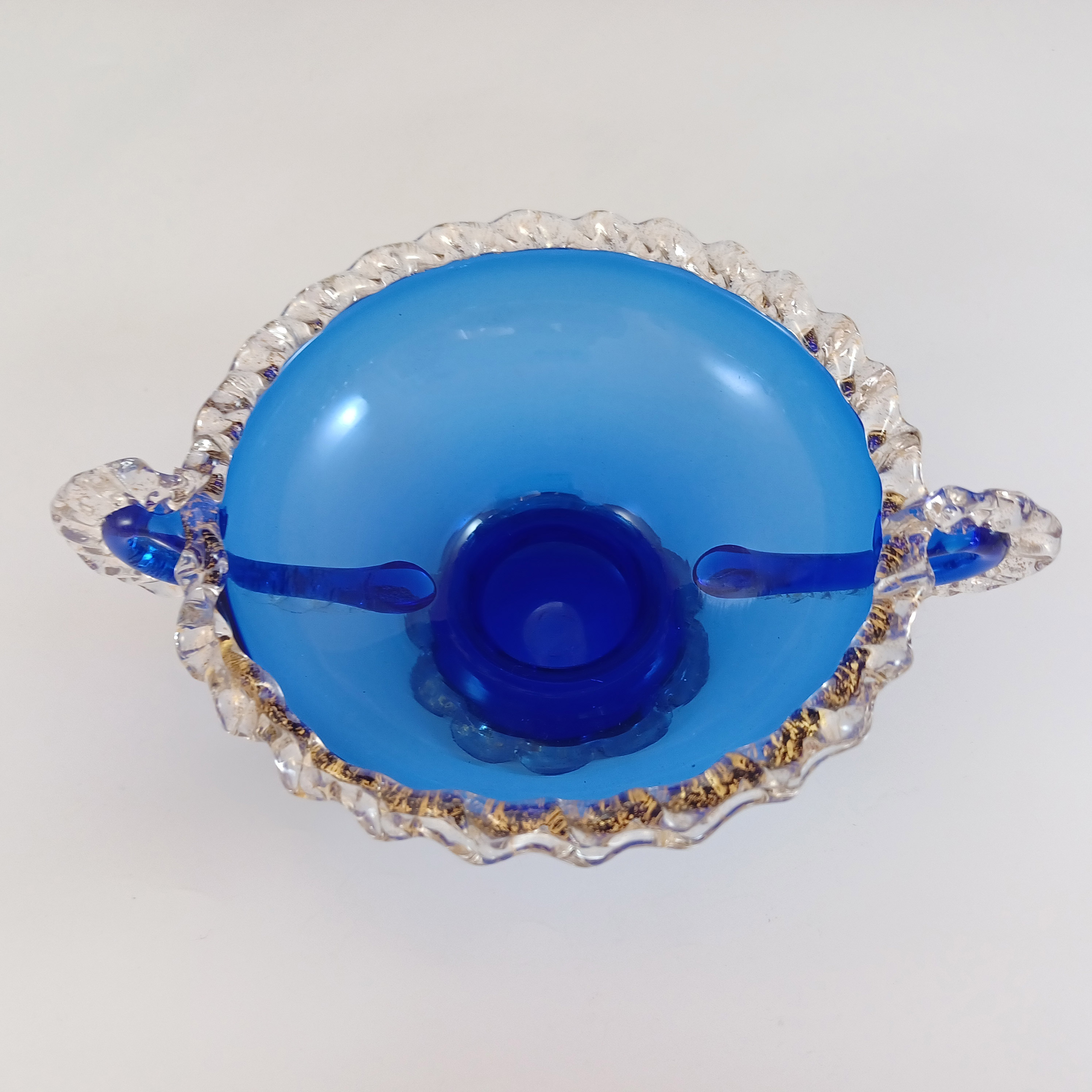(image for) Murano / Venetian Blue Glass & Gold Leaf Vintage Footed Bowl - Click Image to Close