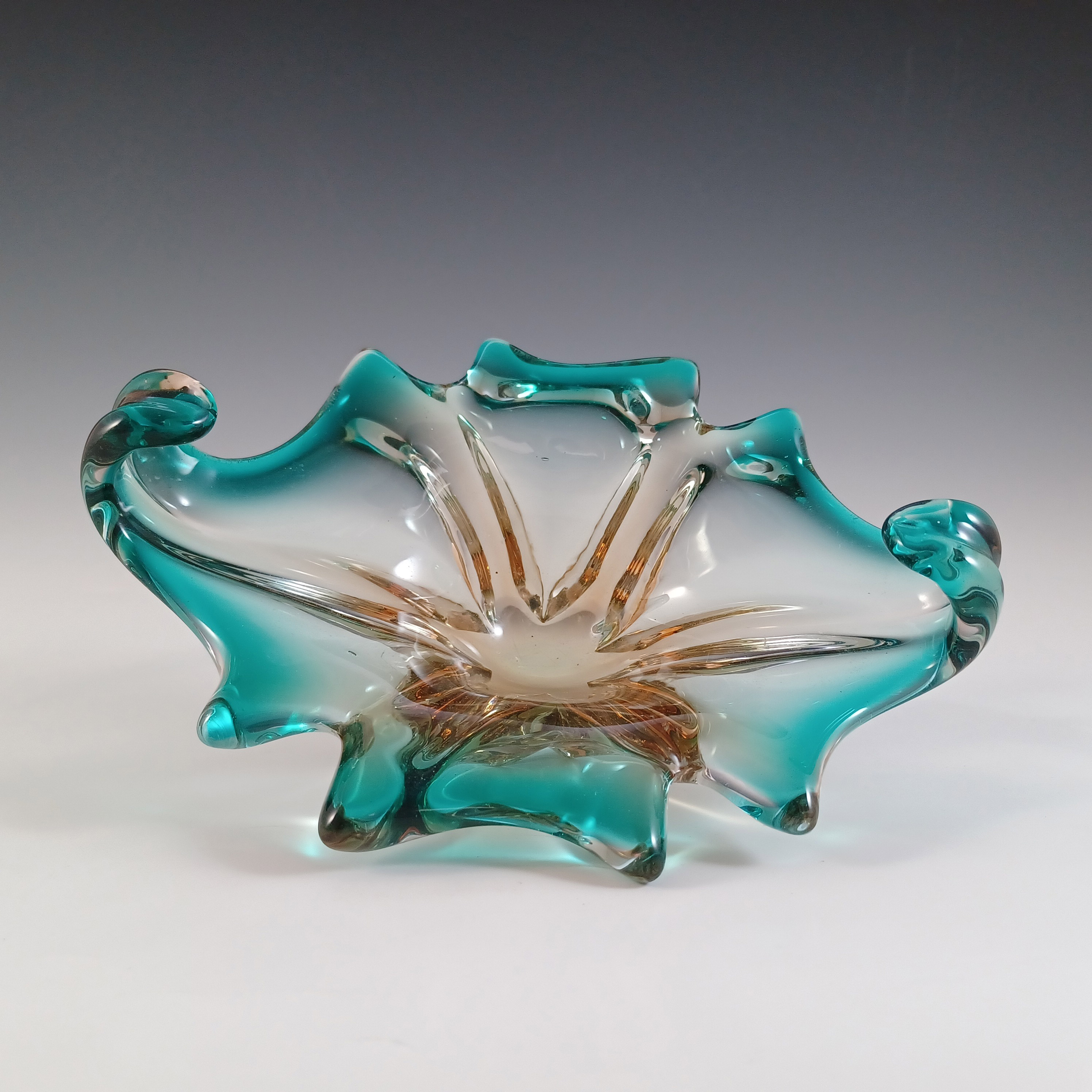 Cristallo Venezia CCC Murano Green & Amber Sommerso Glass Bowl - Click Image to Close