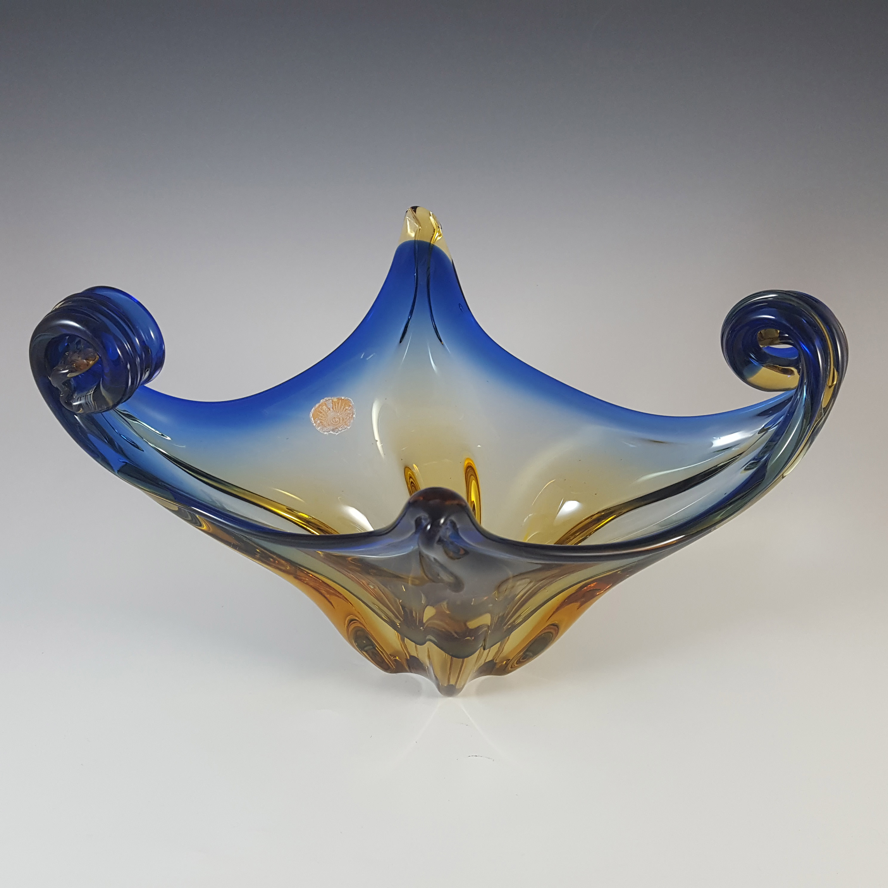 Murano Blue & Amber Cased Glass Vintage Sculpture Bowl - Click Image to Close