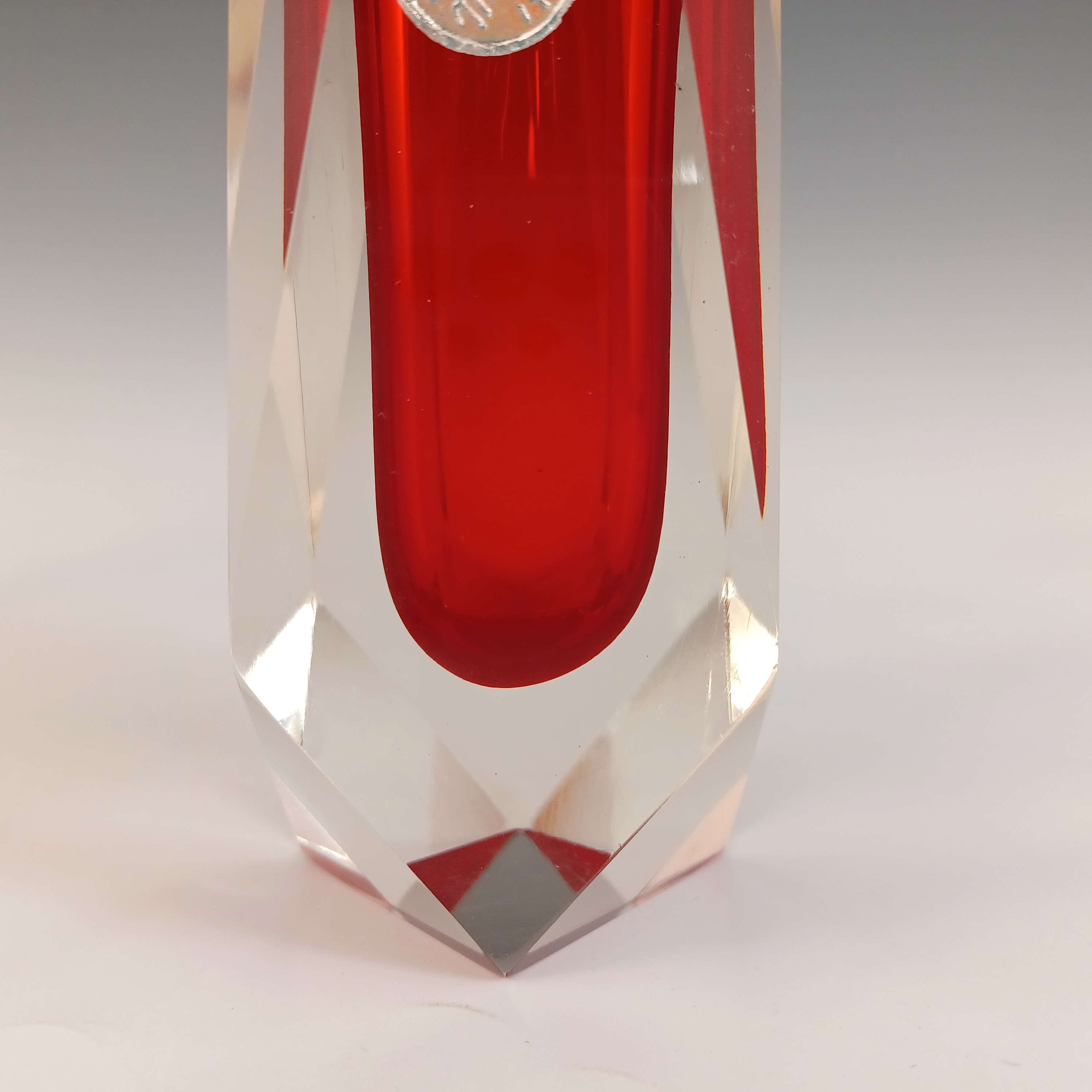 (image for) Murano Faceted Red & Clear Sommerso Glass Block Vase - Click Image to Close