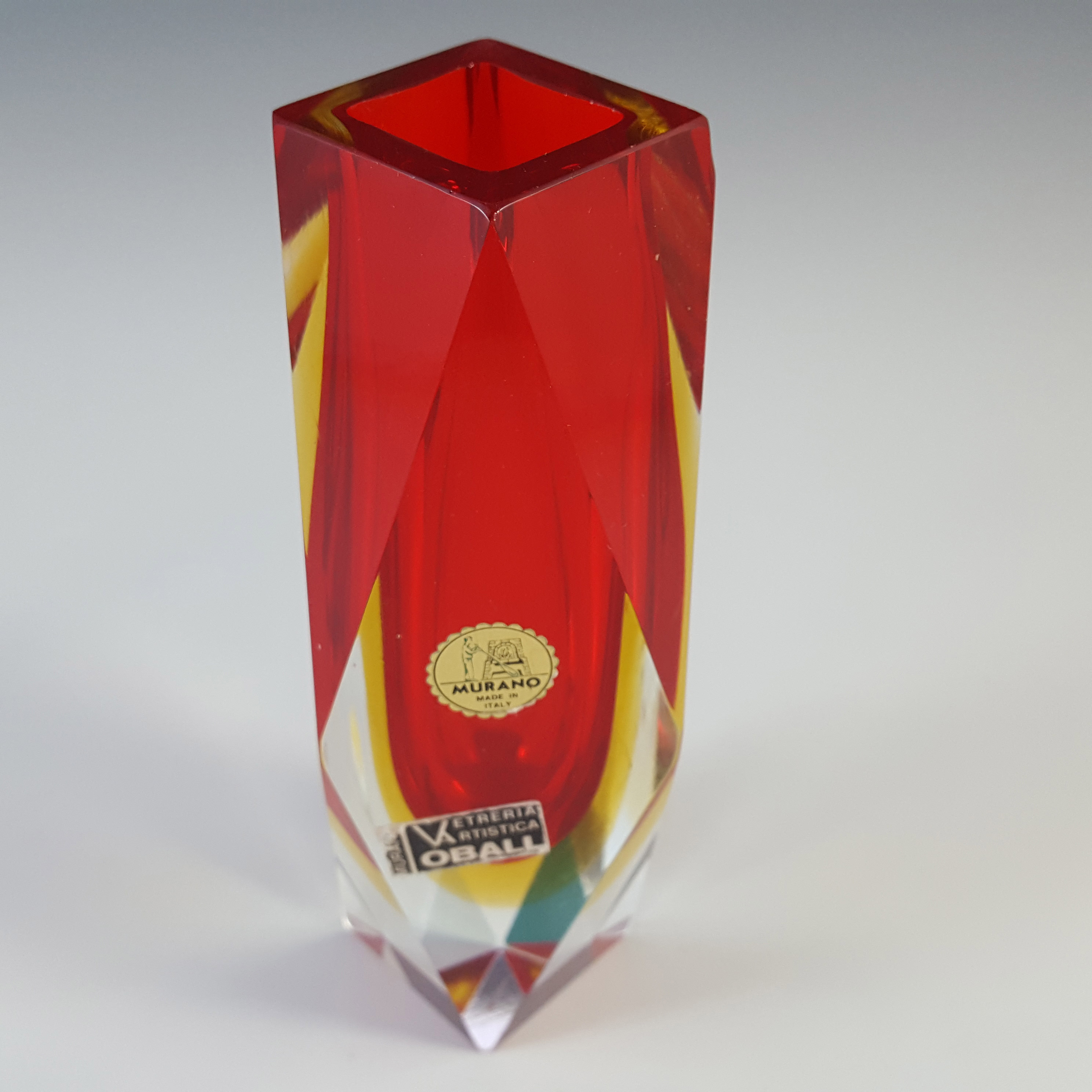 LABELLED Oball Murano Faceted Red & Amber Sommerso Glass Vase - Click Image to Close