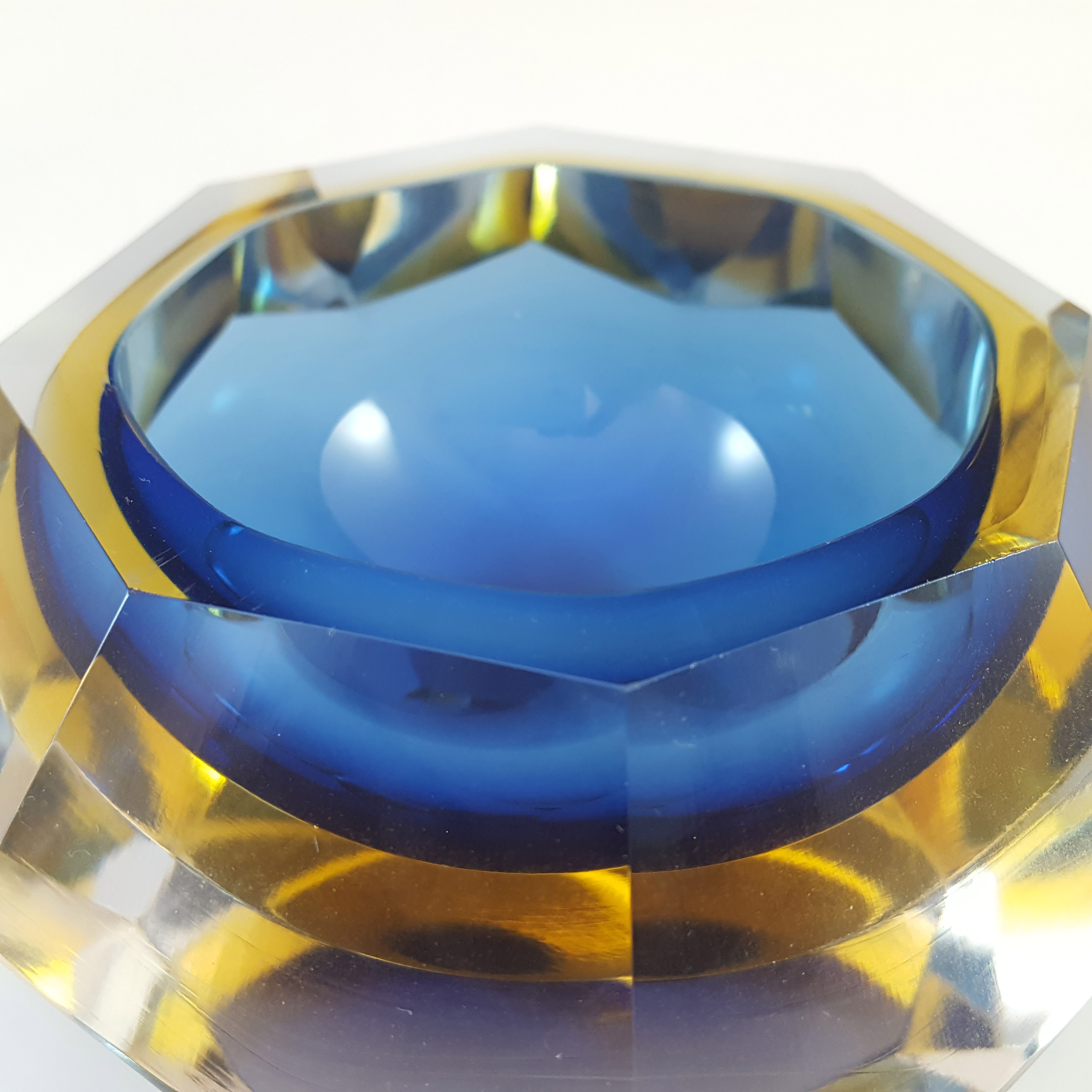 (image for) Murano Faceted Blue & Amber Sommerso Glass Block Bowl - Click Image to Close