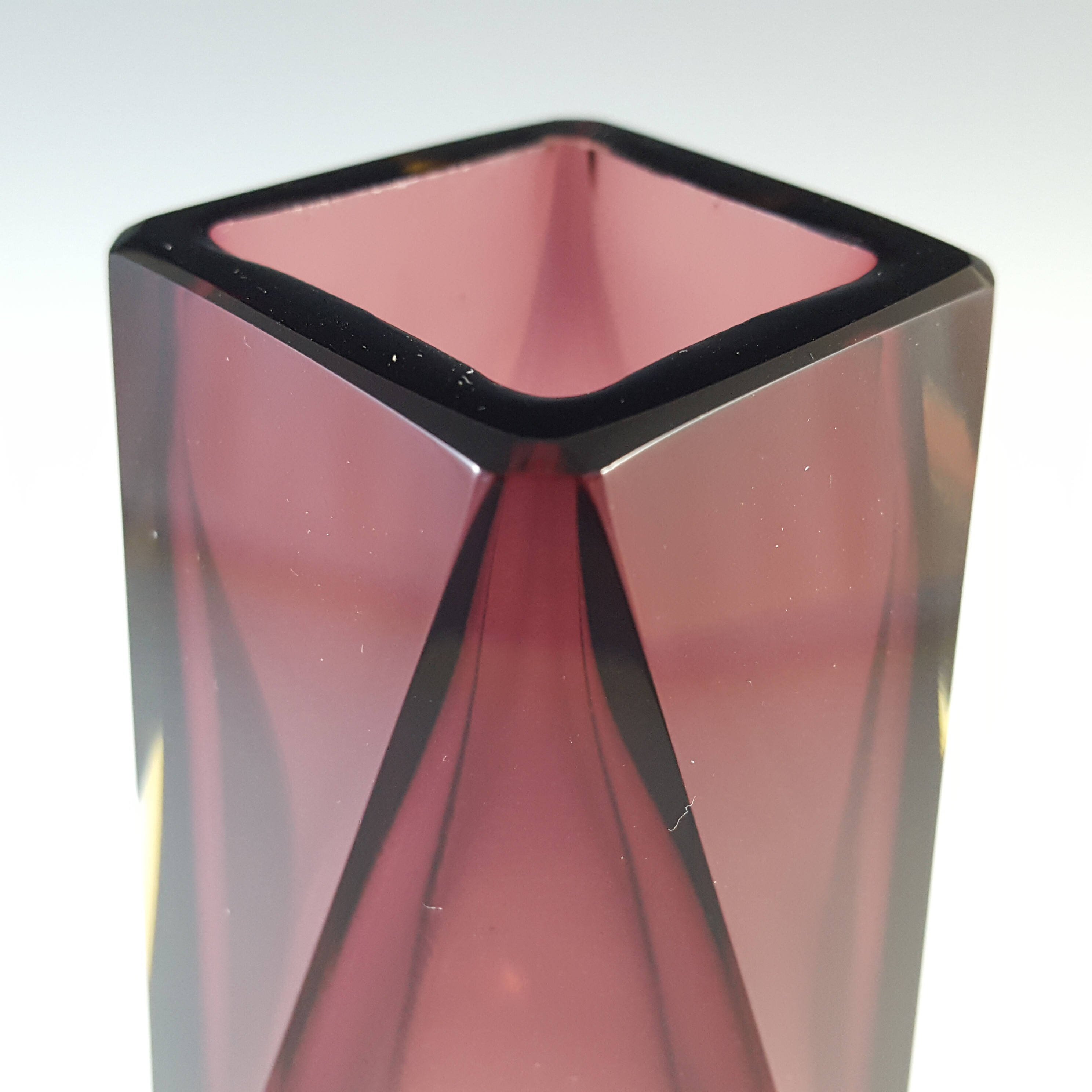 Murano Faceted Purple & Amber Sommerso Glass Block Vase - Click Image to Close
