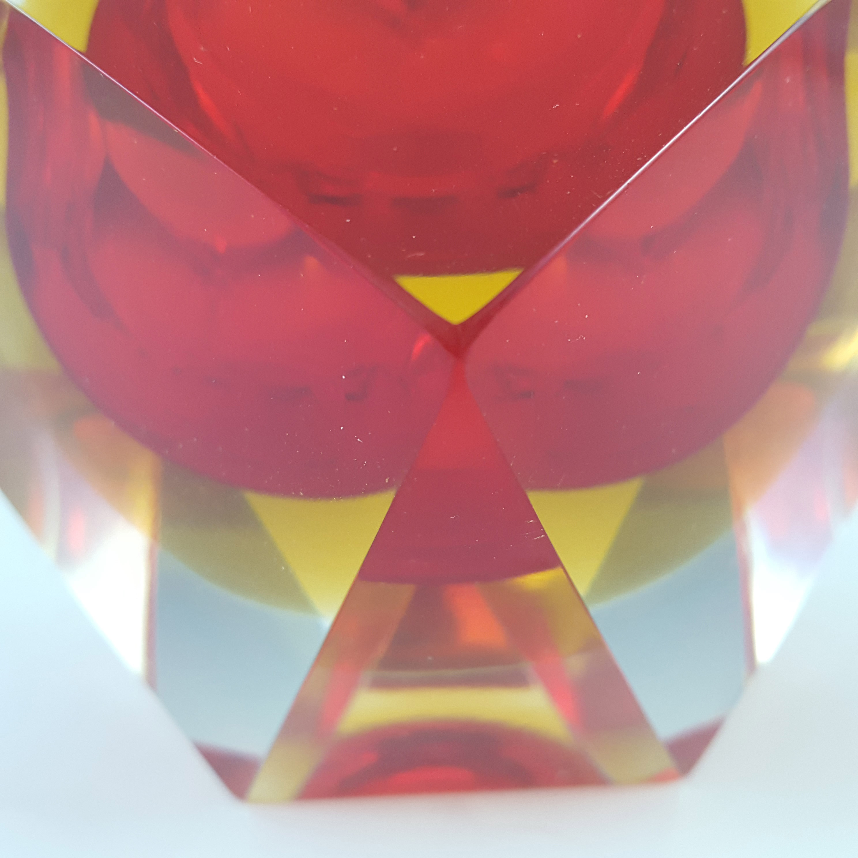 Murano Faceted Red & Amber Sommerso Glass Vintage Bowl - Click Image to Close