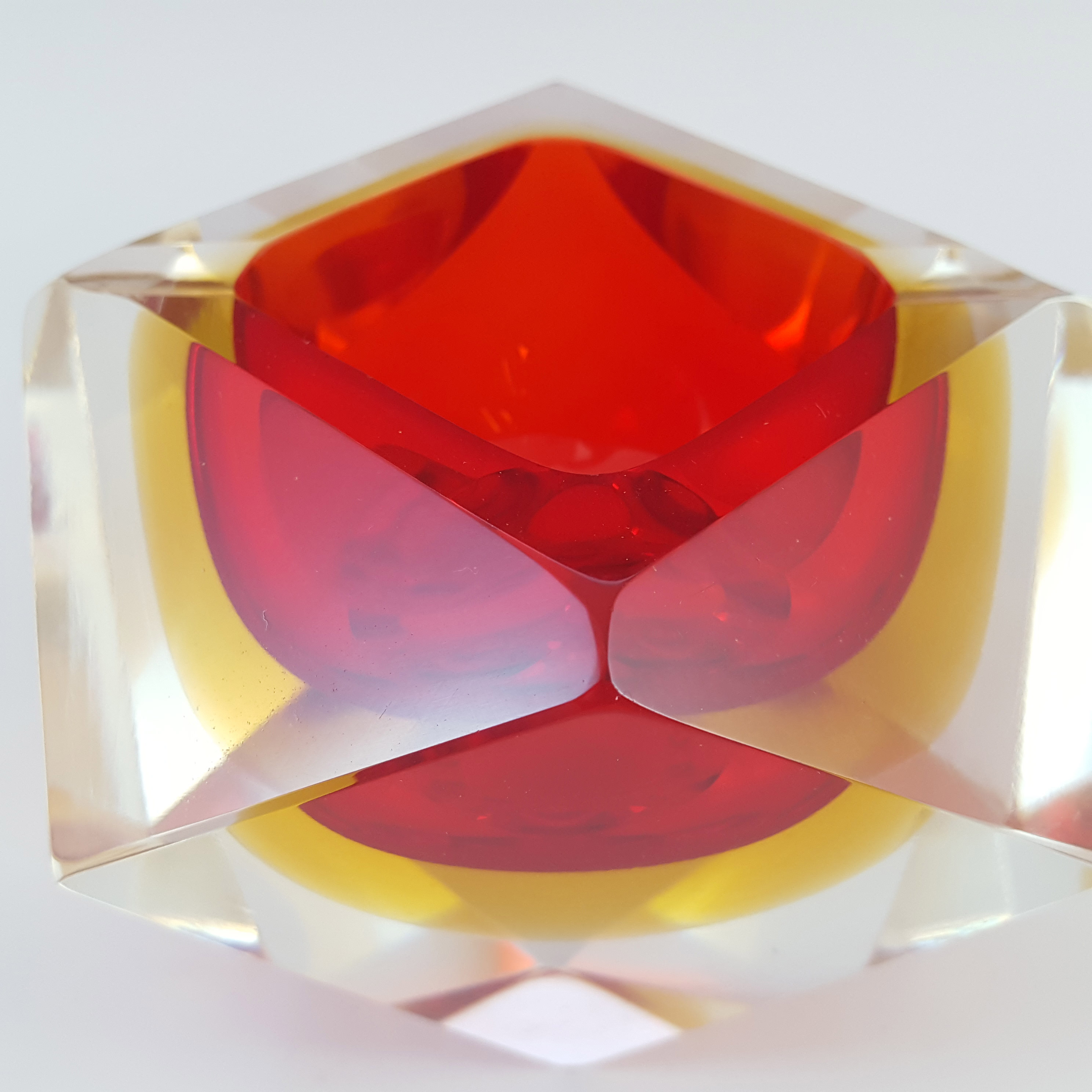 Murano Faceted Red & Amber Sommerso Glass Vintage Bowl - Click Image to Close