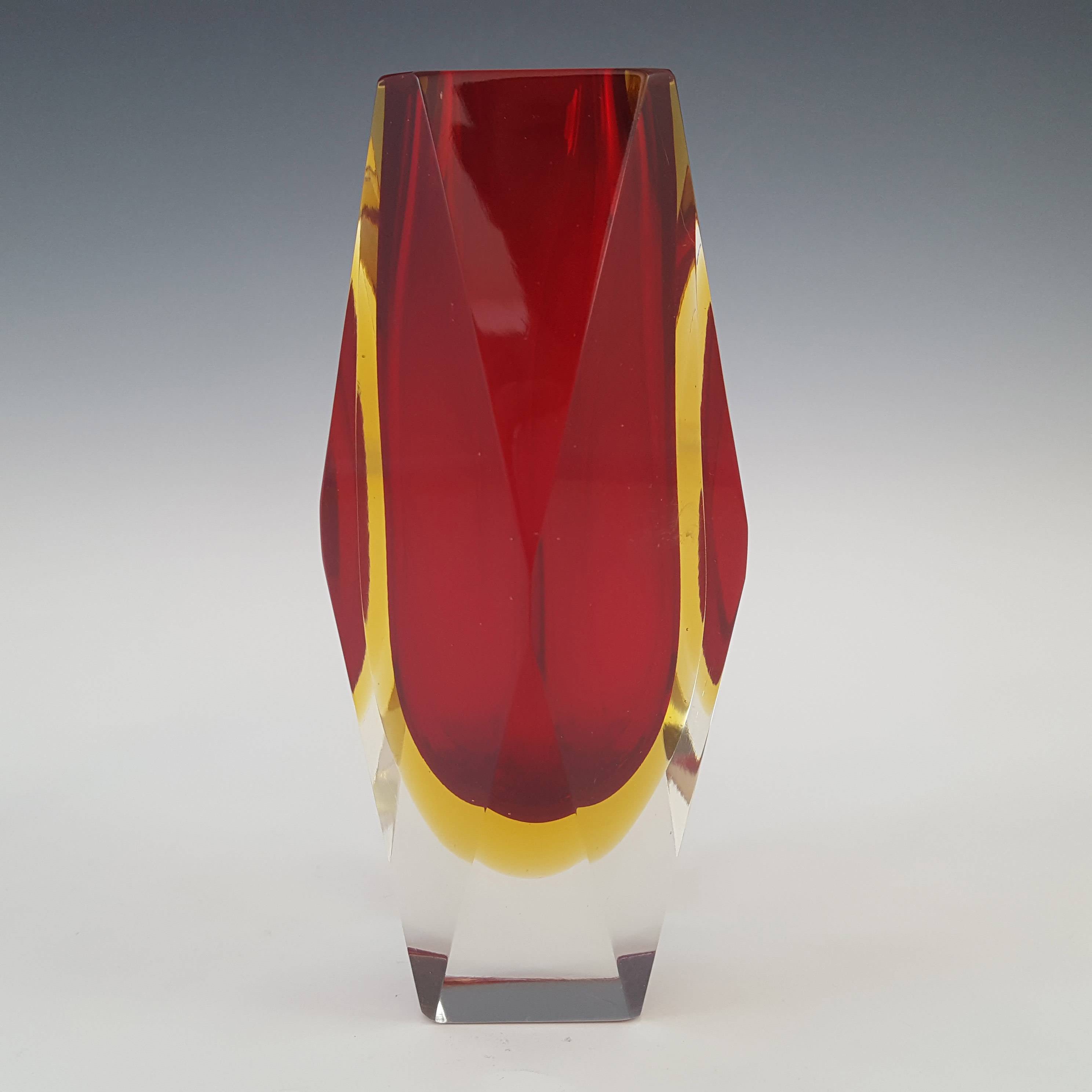 Murano Faceted Red & Amber Sommerso Glass Vintage Vase - Click Image to Close