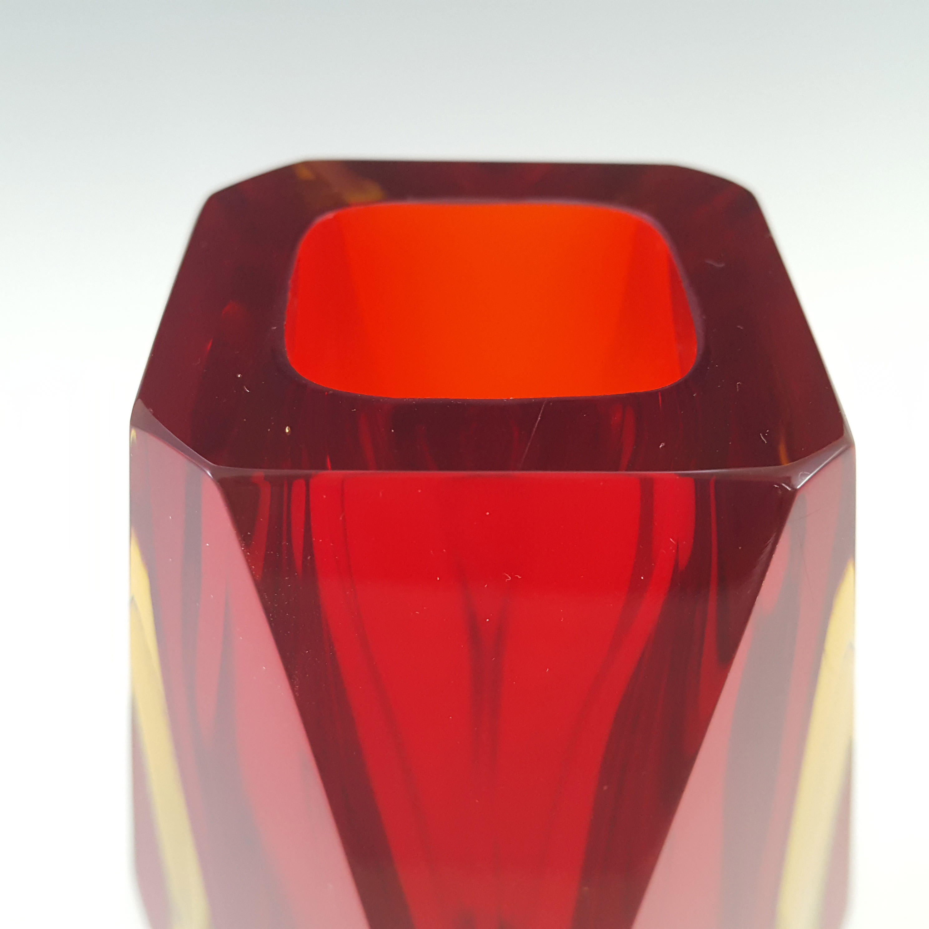 Murano Faceted Red & Amber Sommerso Glass Vintage Vase - Click Image to Close