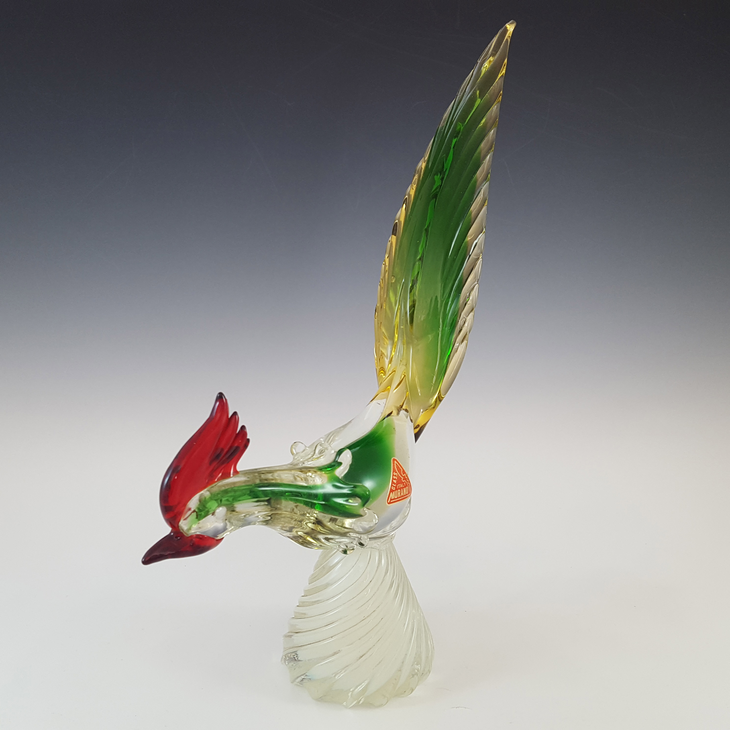 (image for) LABELLED Ferro & Lazzarini Murano Green & Amber Glass Pheasant - Click Image to Close