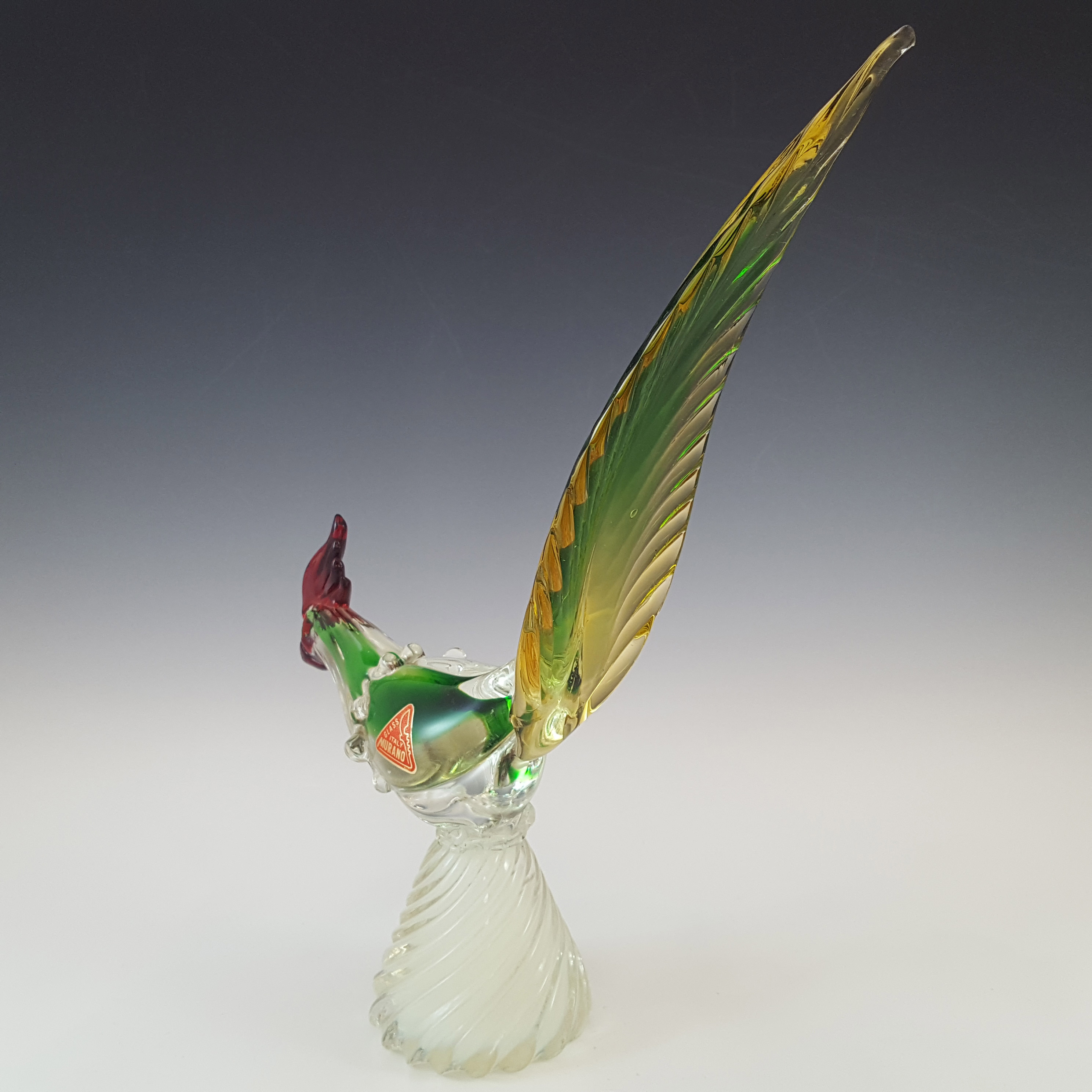 (image for) LABELLED Ferro & Lazzarini Murano Green & Amber Glass Pheasant - Click Image to Close