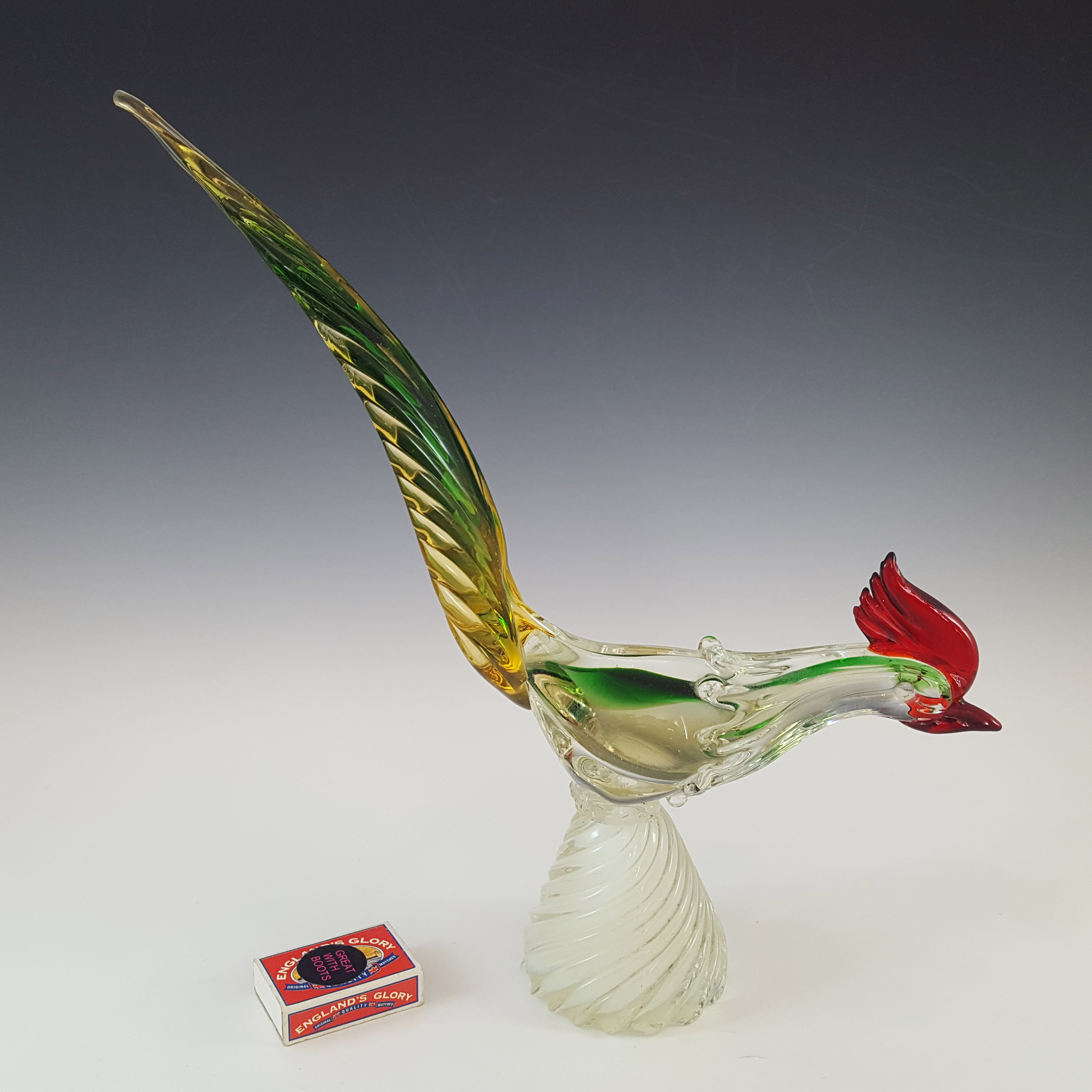 LABELLED Ferro & Lazzarini Murano Green & Amber Glass Pheasant - Click Image to Close