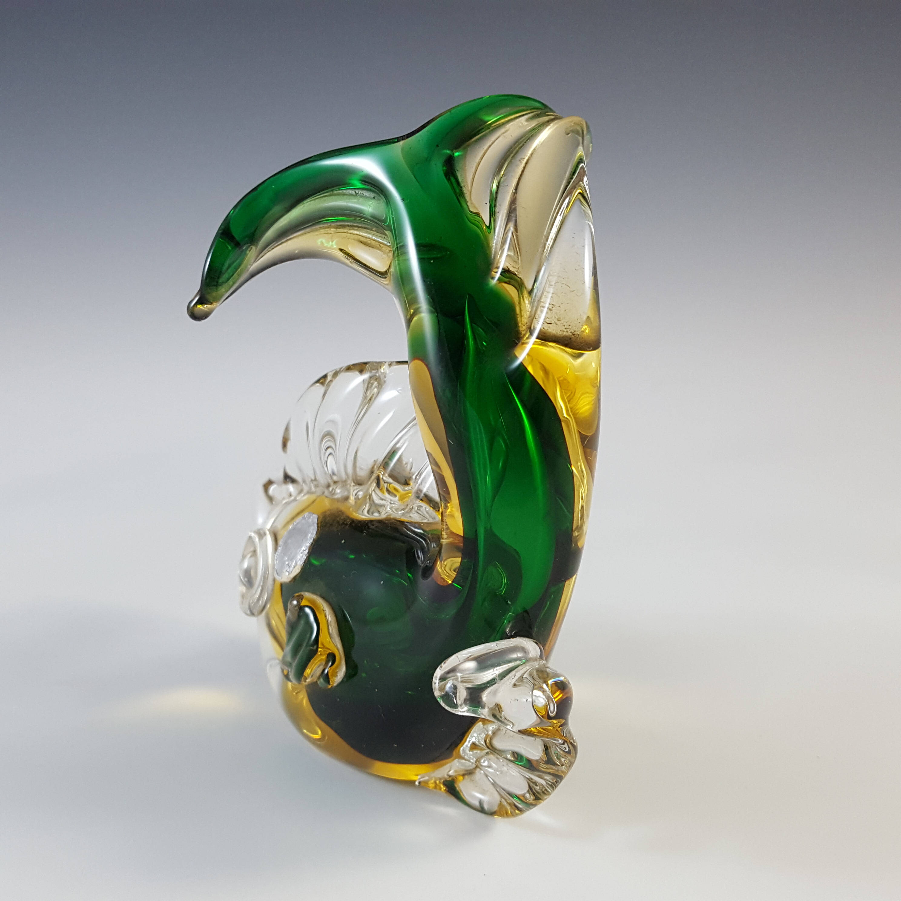 (image for) Murano / Venetian Green & Amber Sommerso Glass Fish Sculpture - Click Image to Close