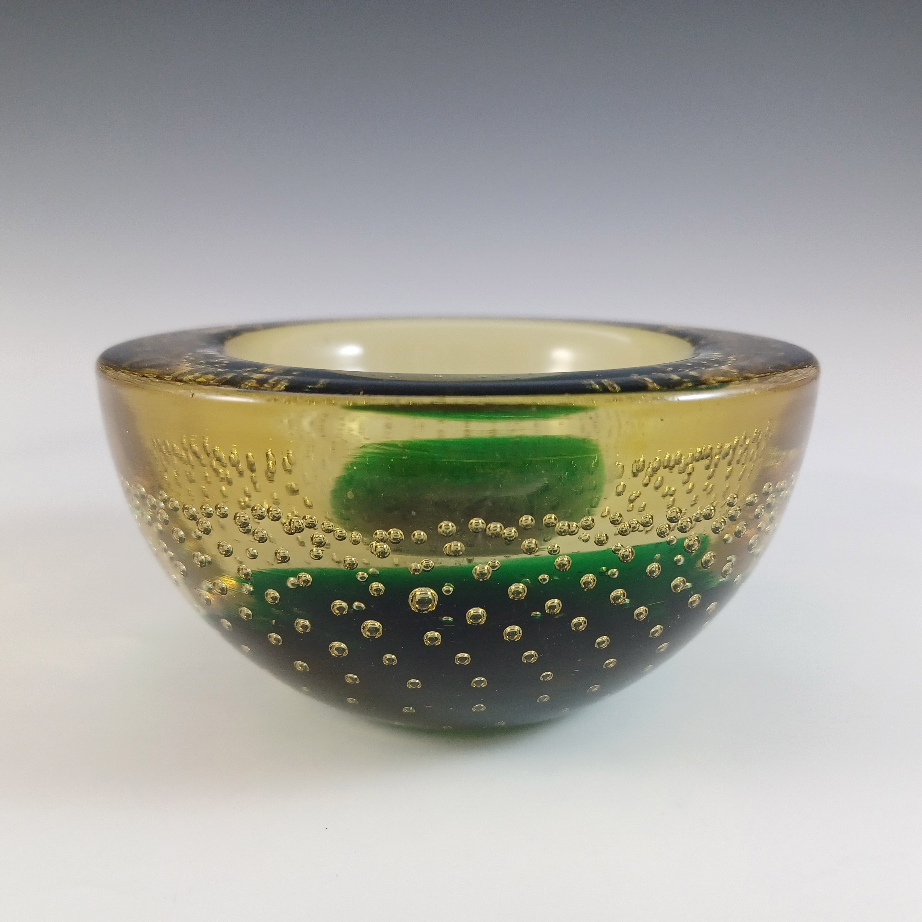 (image for) Galliano Ferro Murano Green & Amber Glass Bullicante Bowl - Click Image to Close