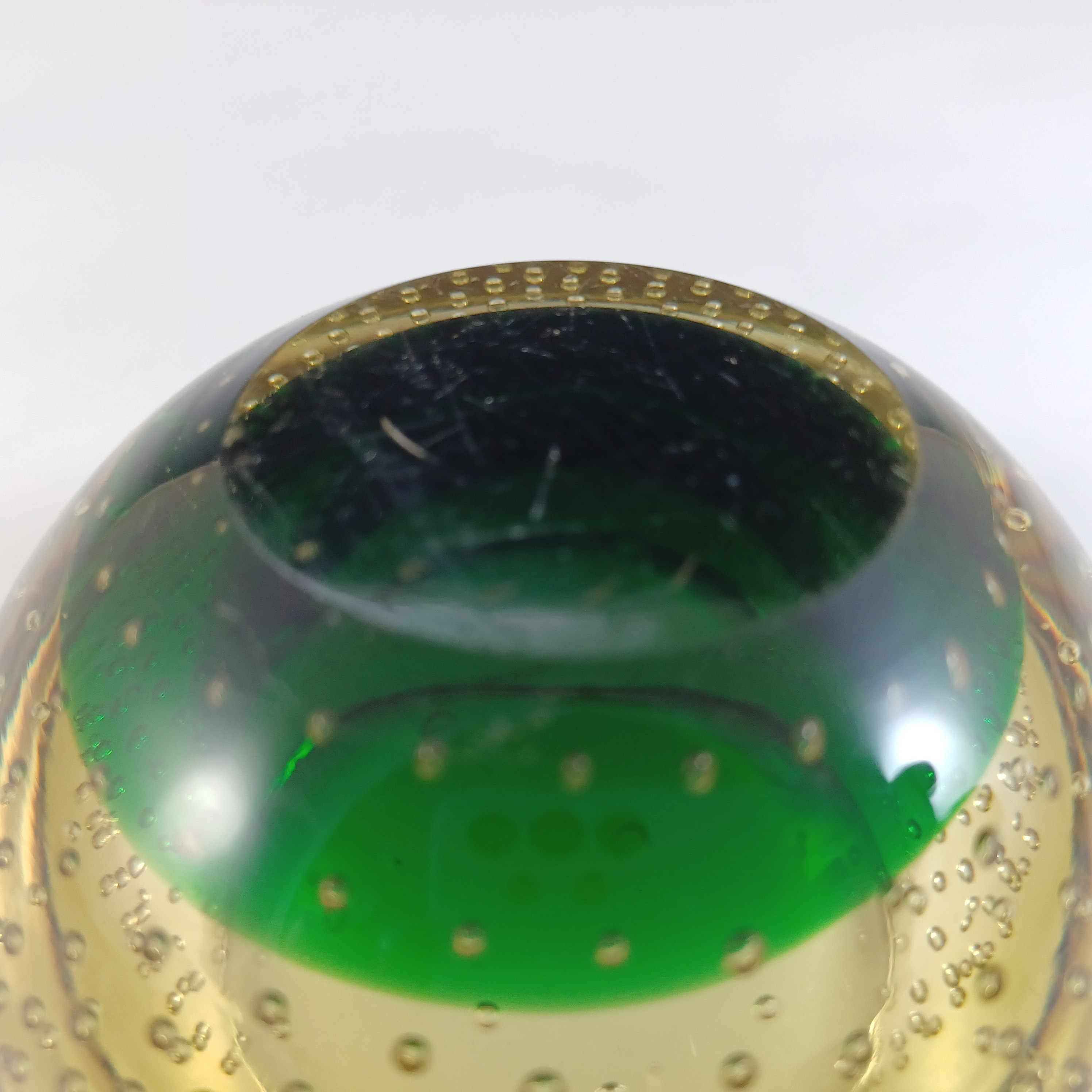 Galliano Ferro Murano Green & Amber Glass Bubble Bowl - Click Image to Close