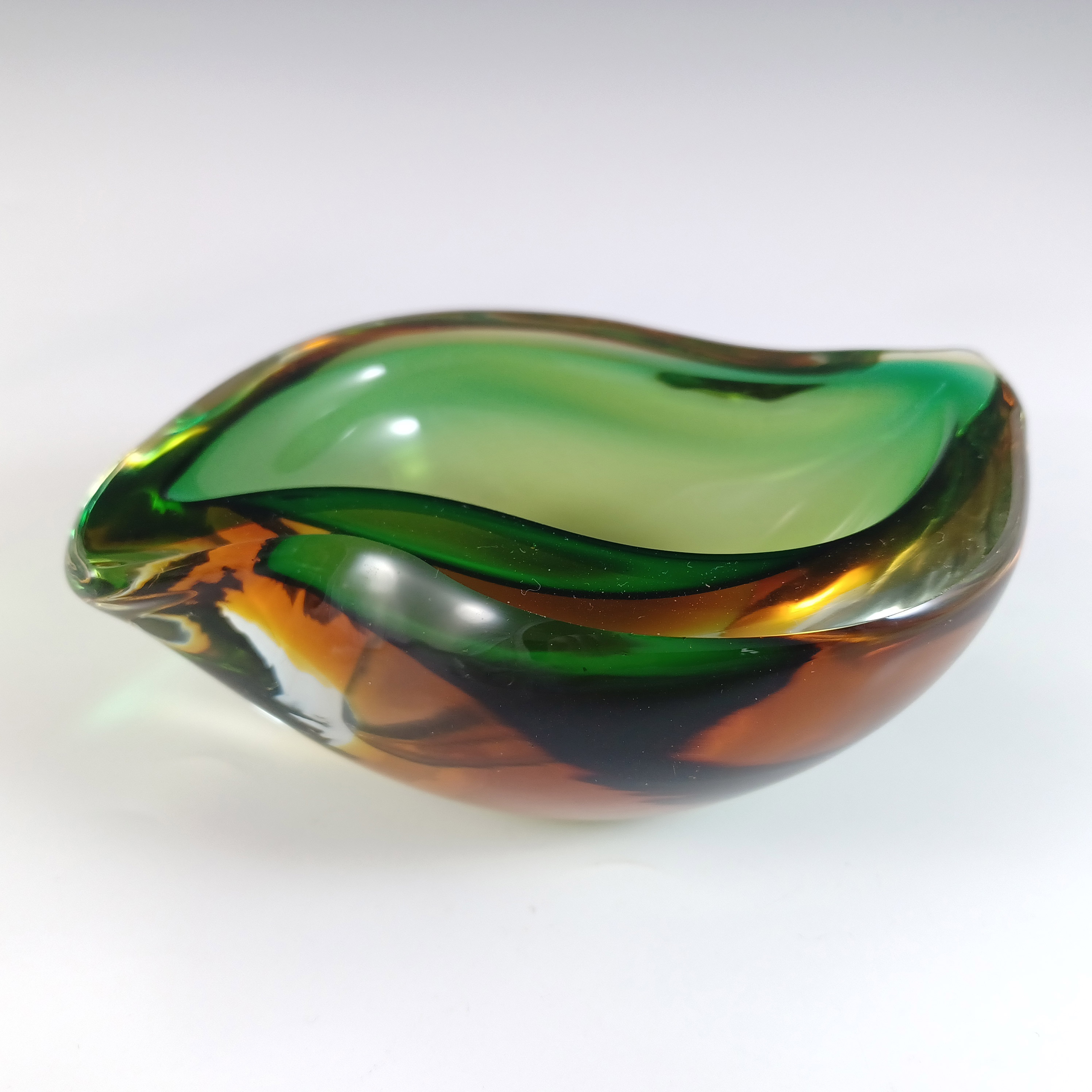 Murano Green & Amber Sommerso Glass Vintage Geode Bowl - Click Image to Close