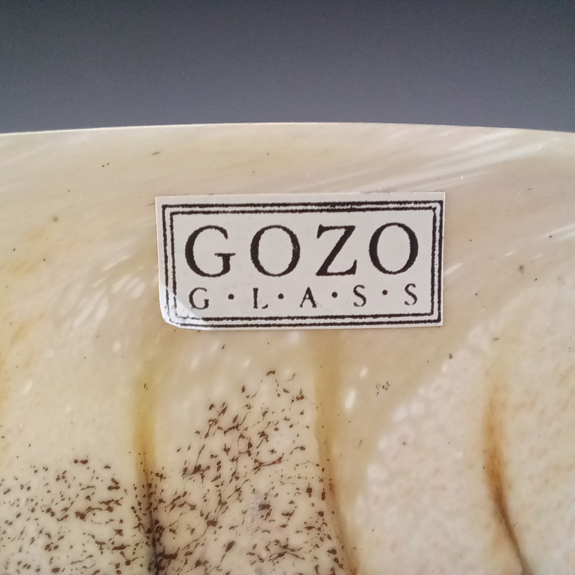 (image for) SIGNED & LABELLED Gozo Sandy Brown & White Glass 'Stone' Vase - Click Image to Close