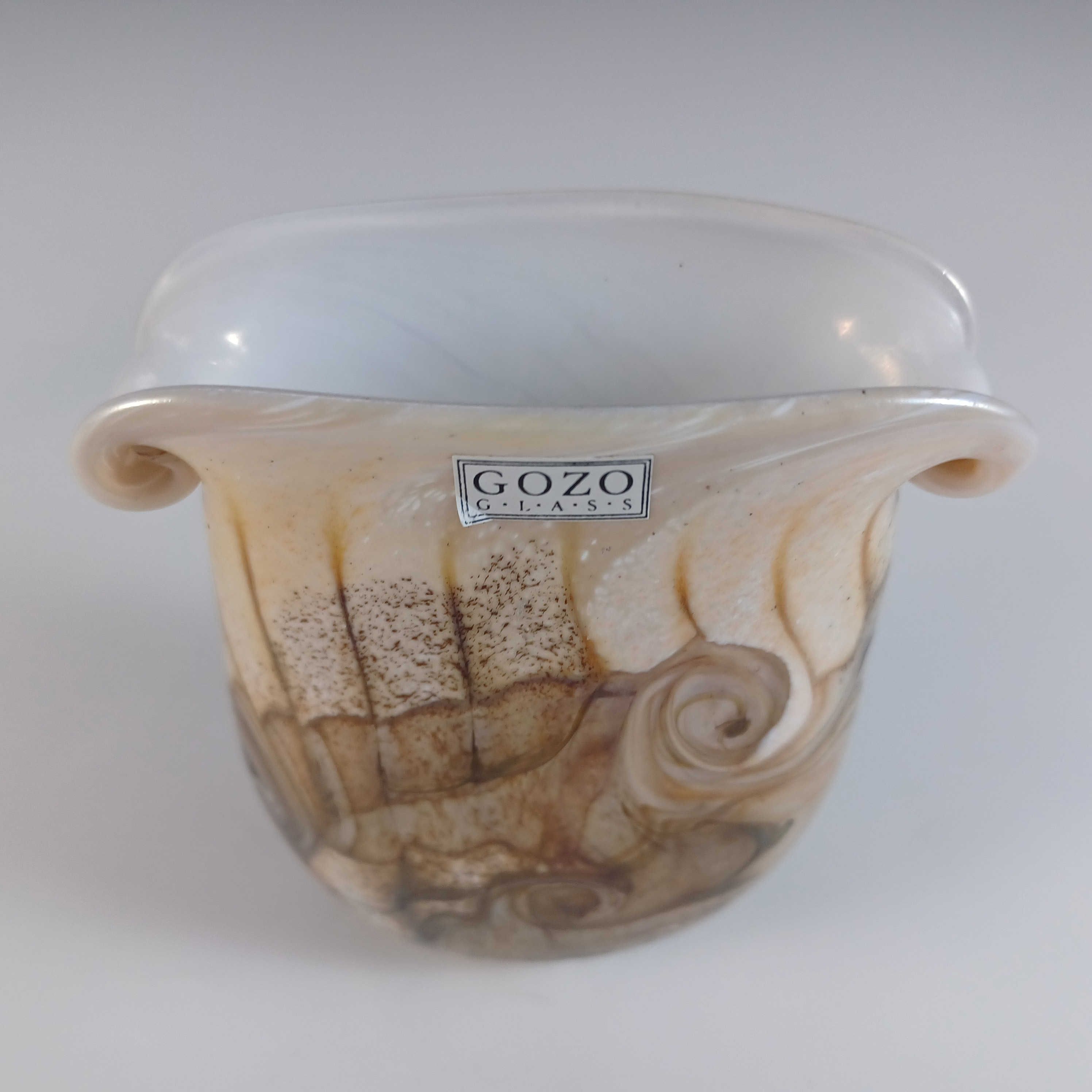(image for) SIGNED & LABELLED Gozo Sandy Brown & White Glass 'Stone' Vase - Click Image to Close
