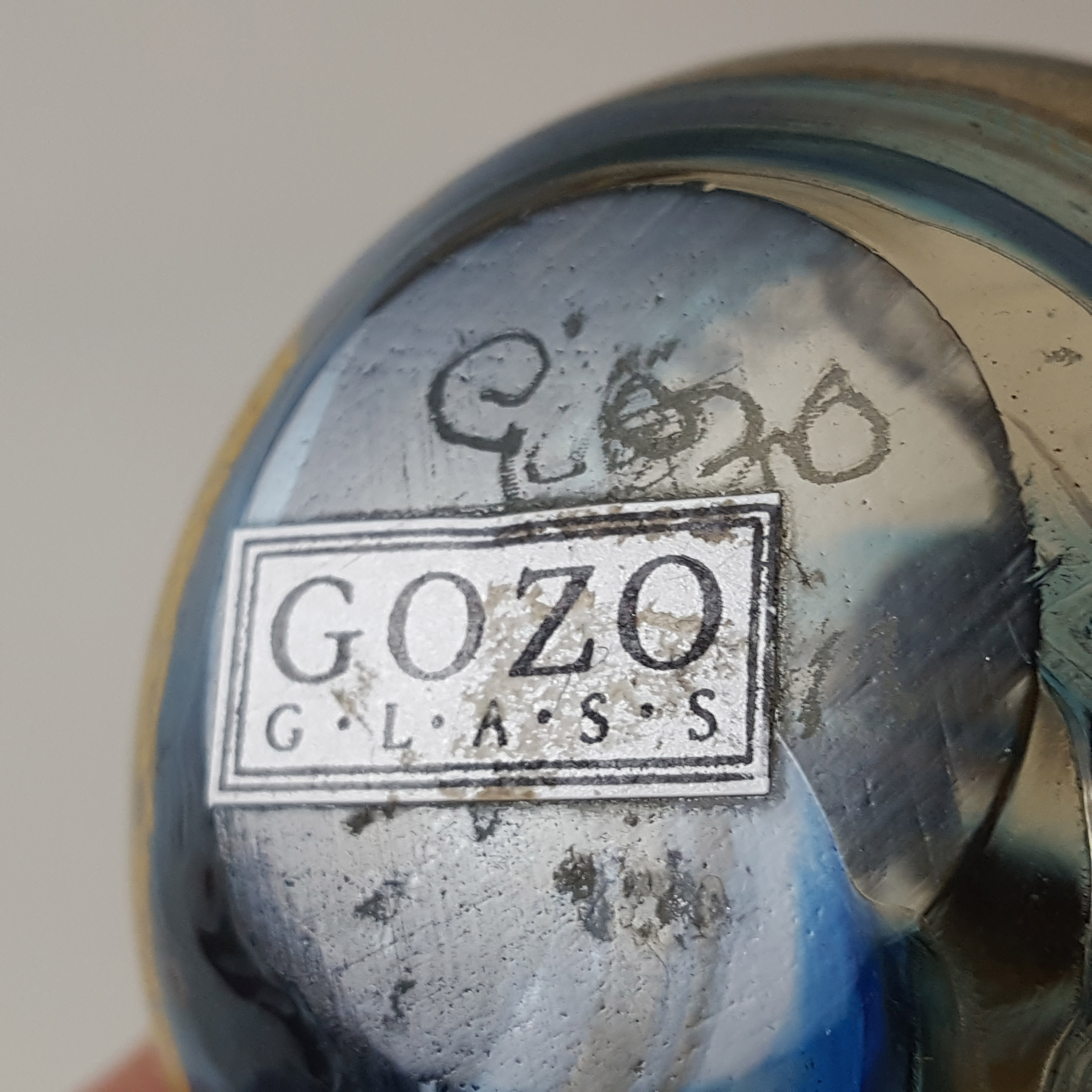 SIGNED Gozo Maltese Blue Gold Leaf Glass Paperweight - Click Image to Close