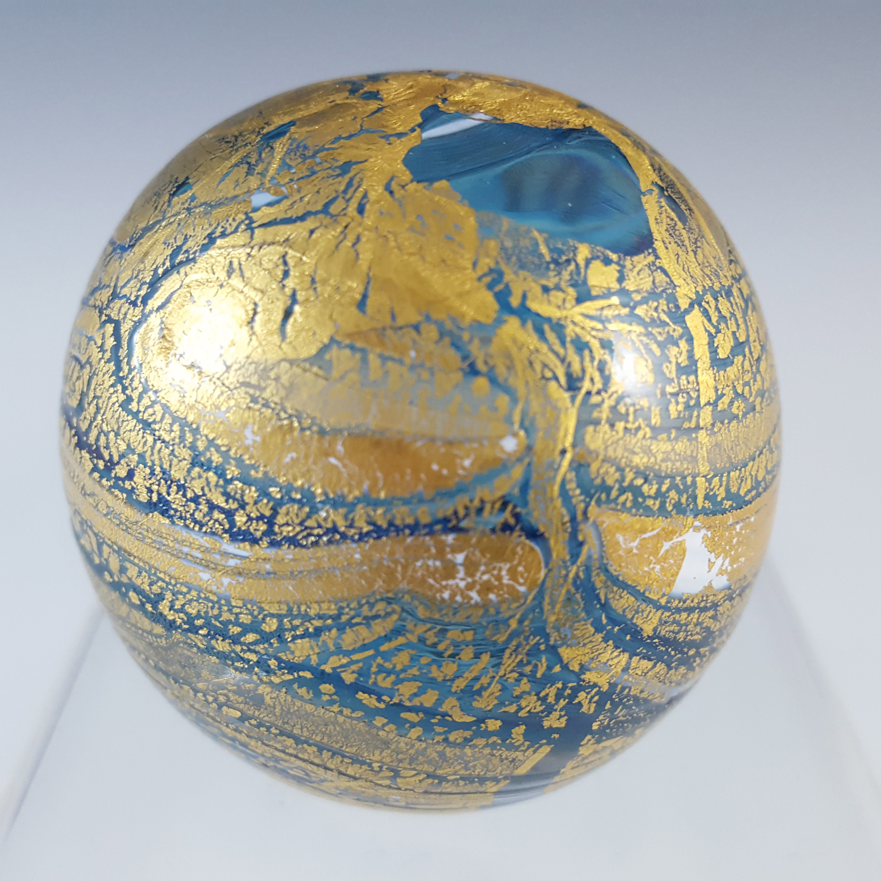 SIGNED Gozo Maltese Blue Gold Leaf Glass Paperweight - Click Image to Close