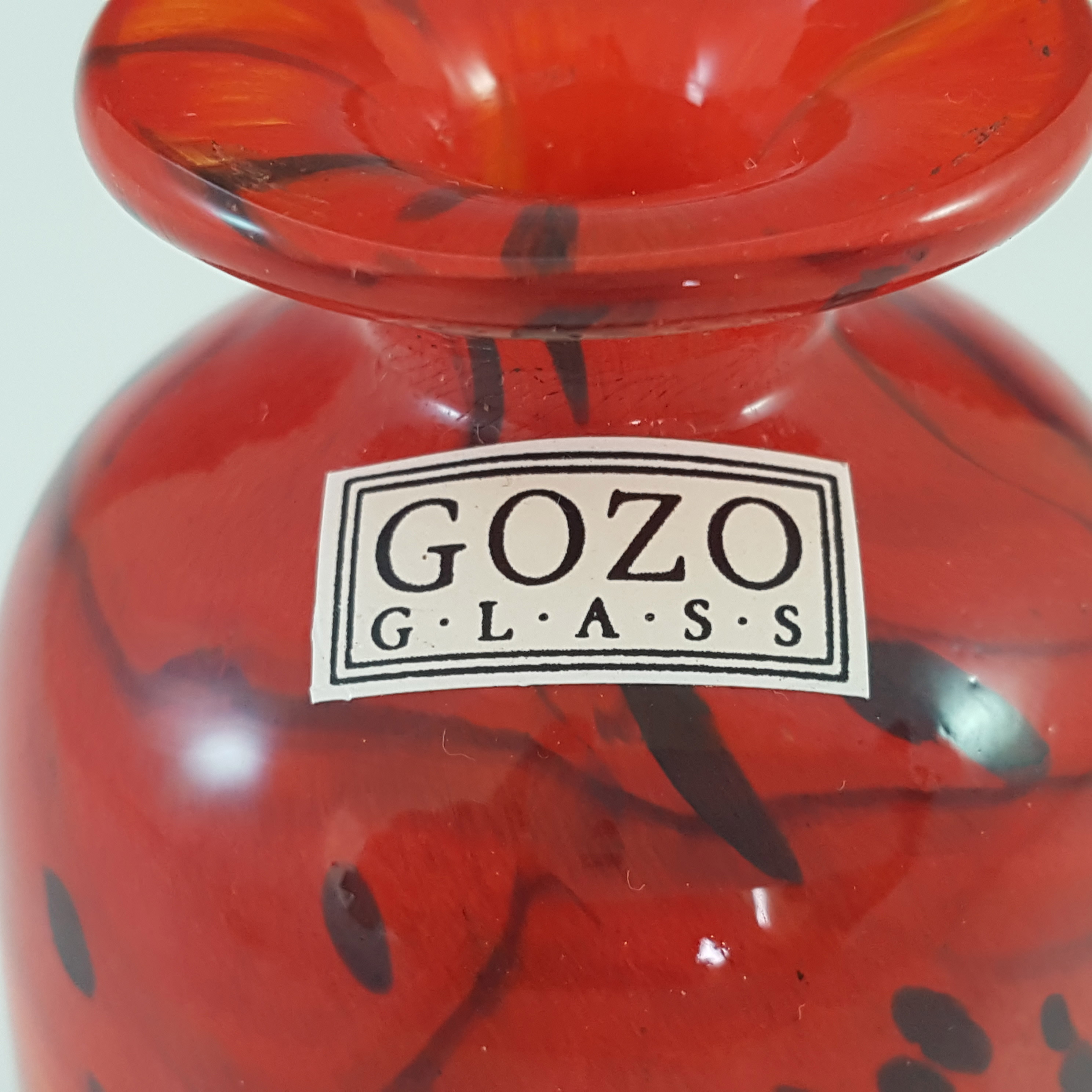 SIGNED Gozo Red & Black Vintage Maltese Glass Vase - Click Image to Close