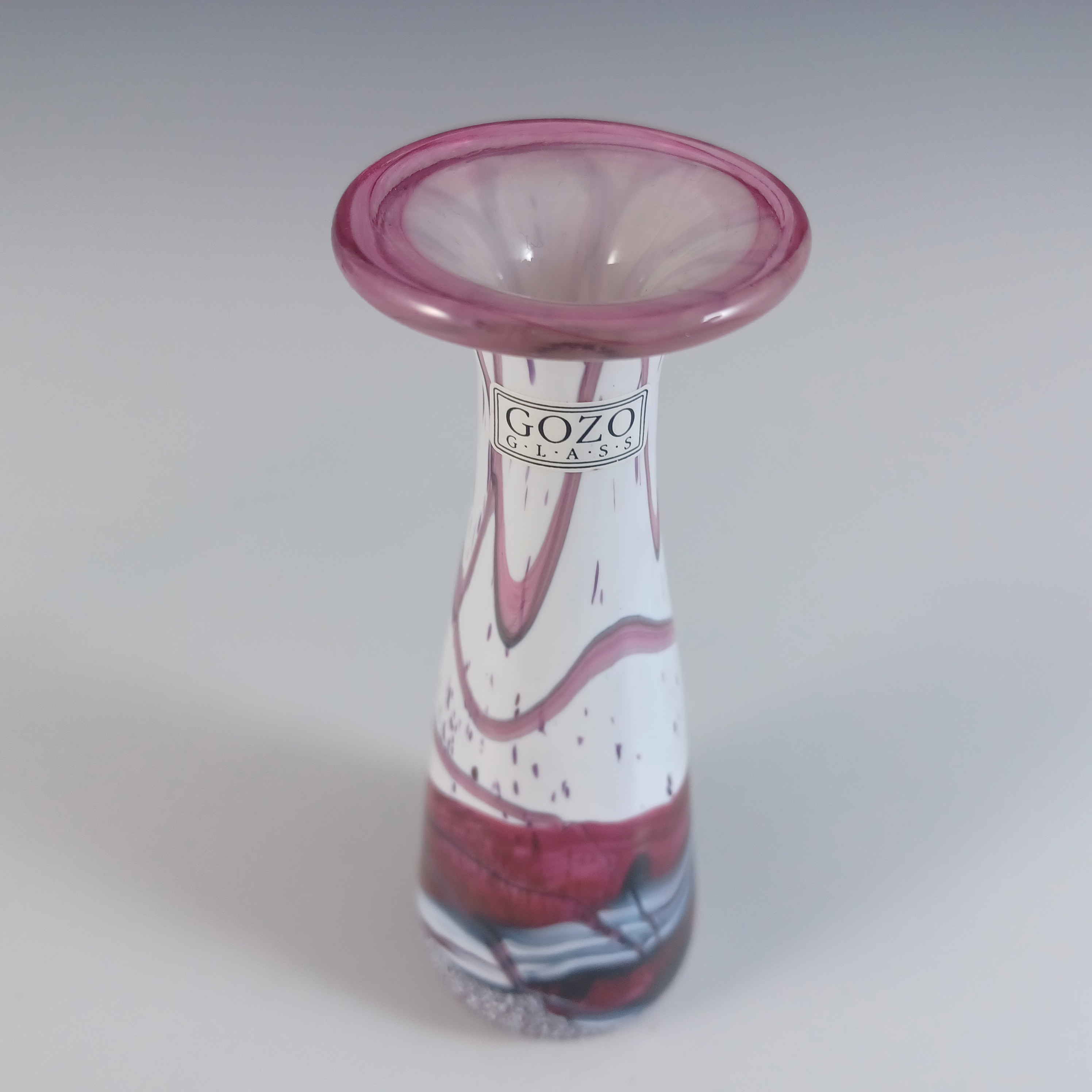 (image for) LABELLED Gozo Maltese Pink, Black & White Glass Vase - Click Image to Close