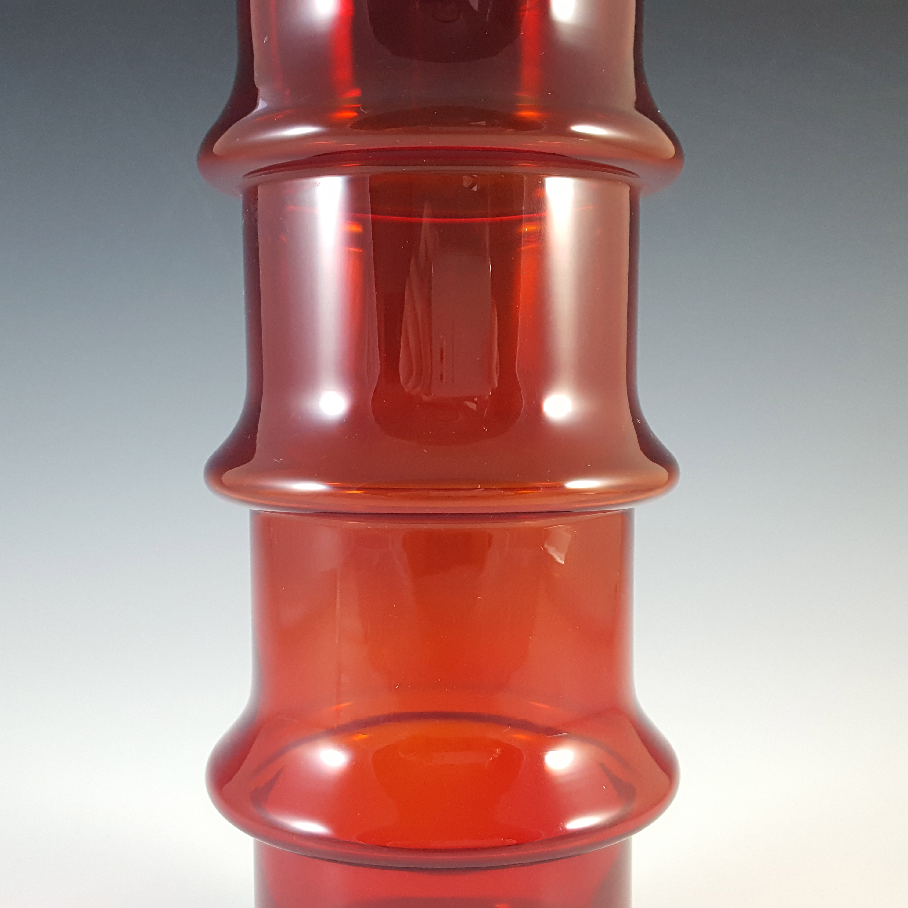 Riihimaki #1532 Riihimaen Lasi Oy Red Hooped Cased Glass Vase - Click Image to Close