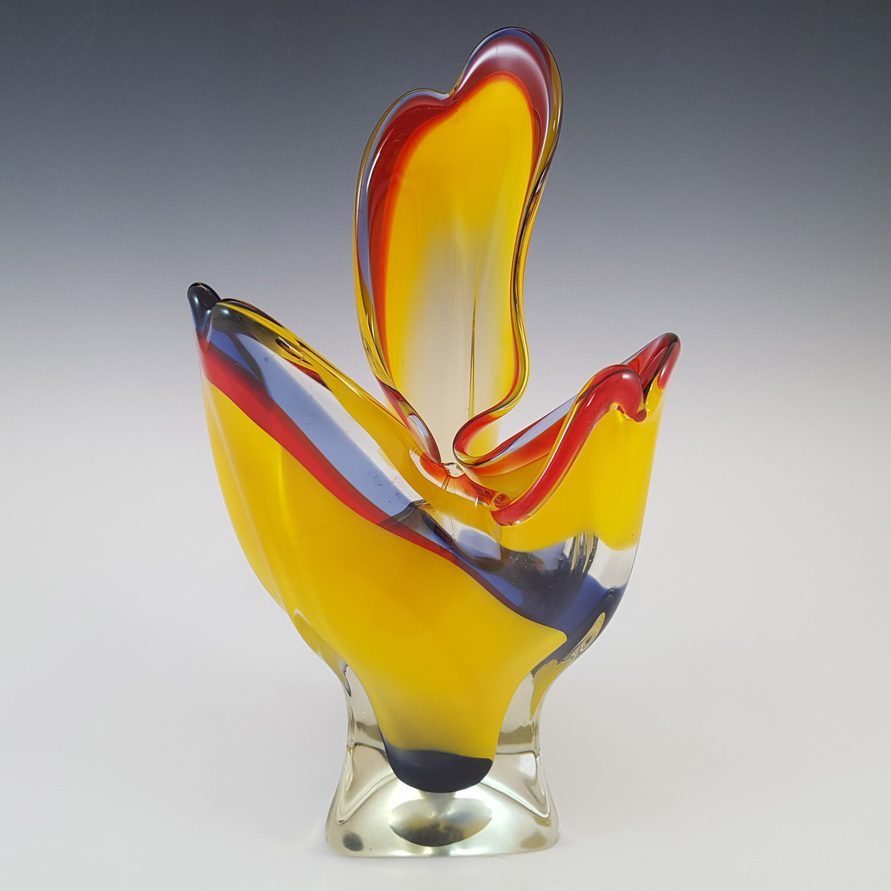 Iwatsu Japanese 'Best Art Glass' Yellow, Blue & Red Vase - Click Image to Close