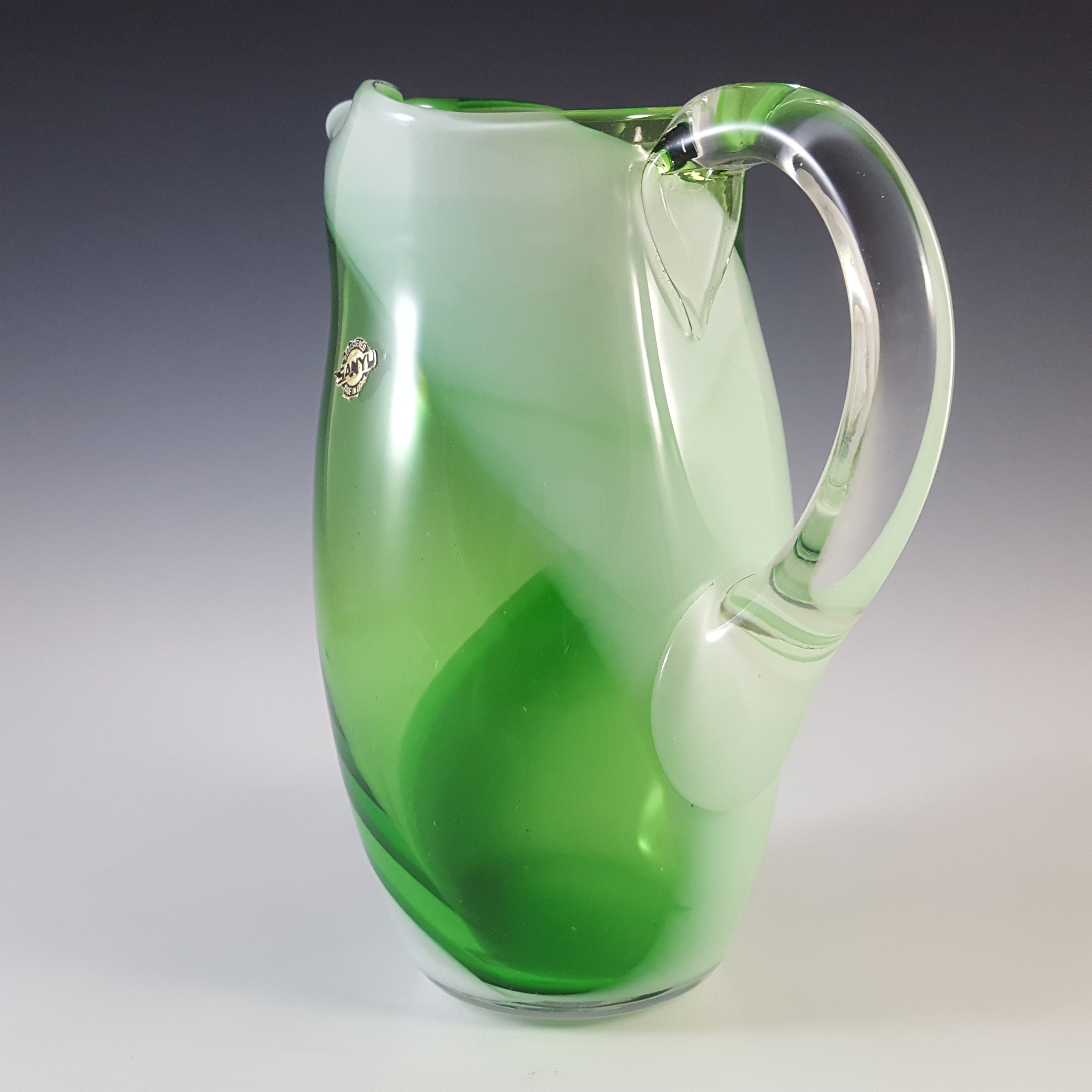 (image for) BOXED & LABELLED Sanyu Japanese Green & White Glass Jug / Pitcher - Click Image to Close