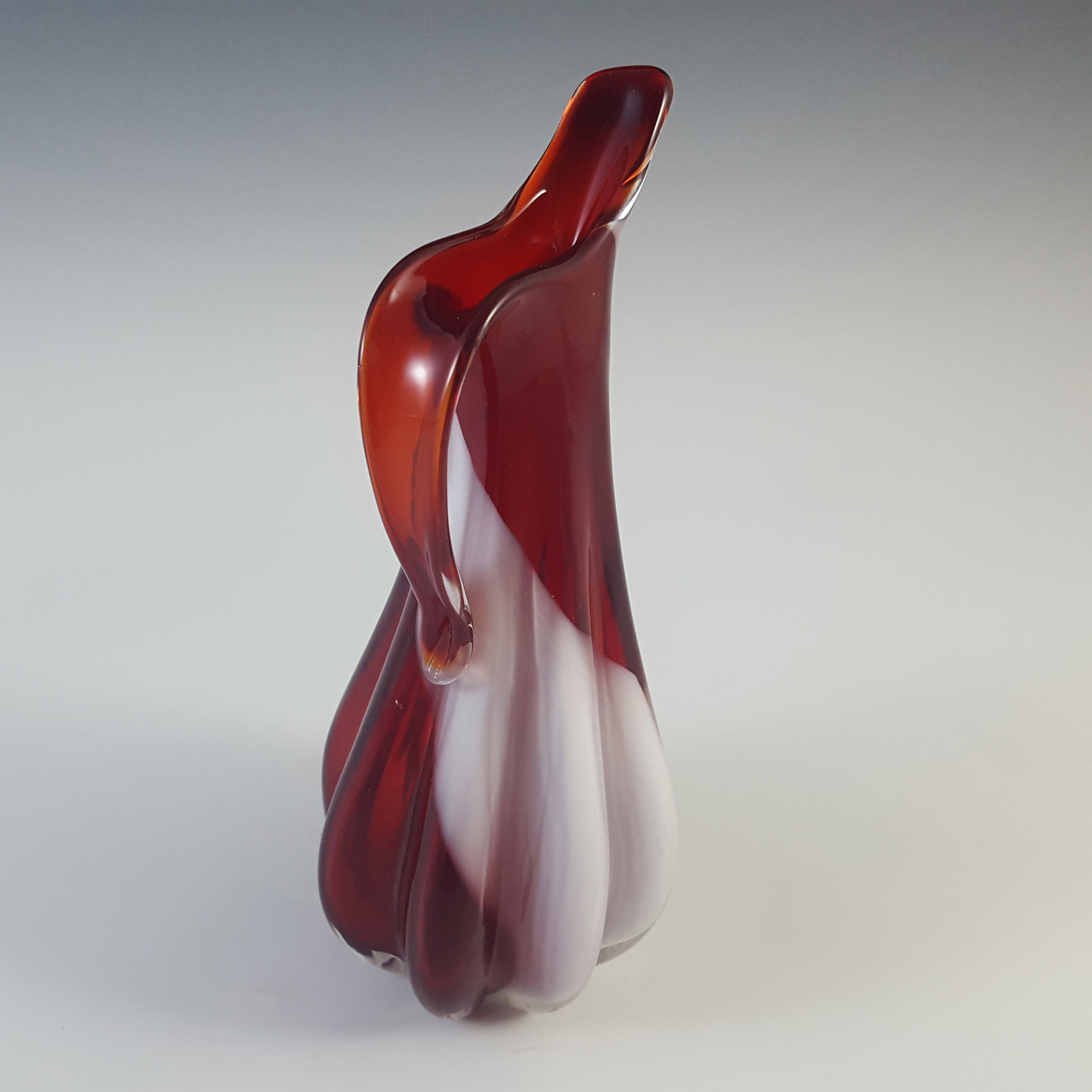 (image for) Japanese Red & White Striped Vintage Ribbed Glass Vase / Jug - Click Image to Close