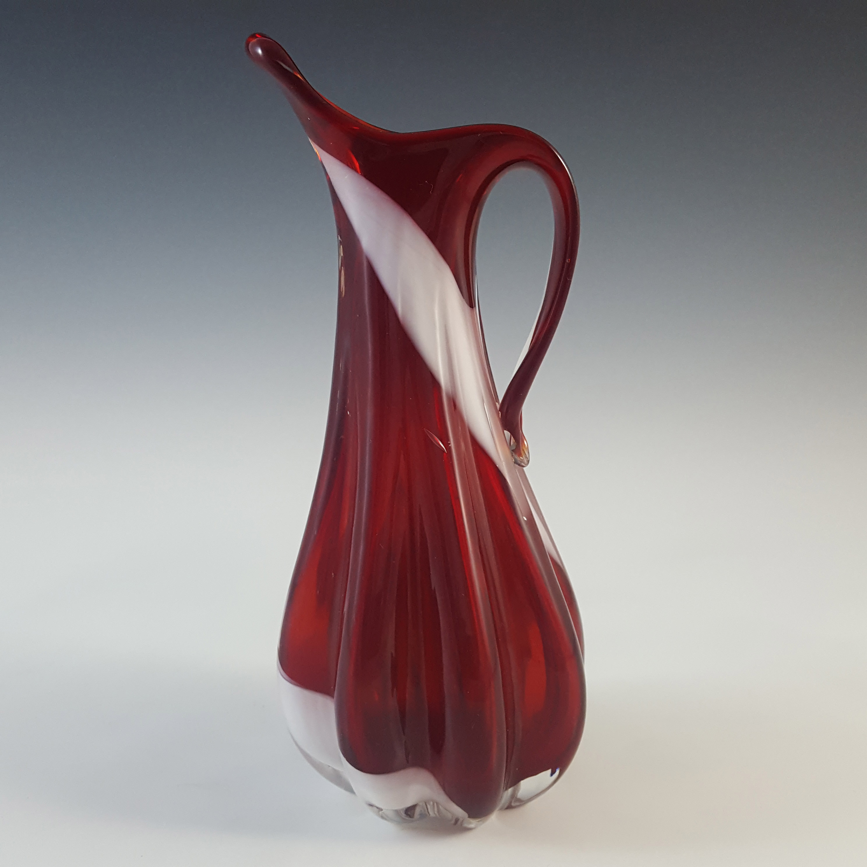 (image for) Japanese Red & White Striped Vintage Ribbed Glass Vase / Jug - Click Image to Close