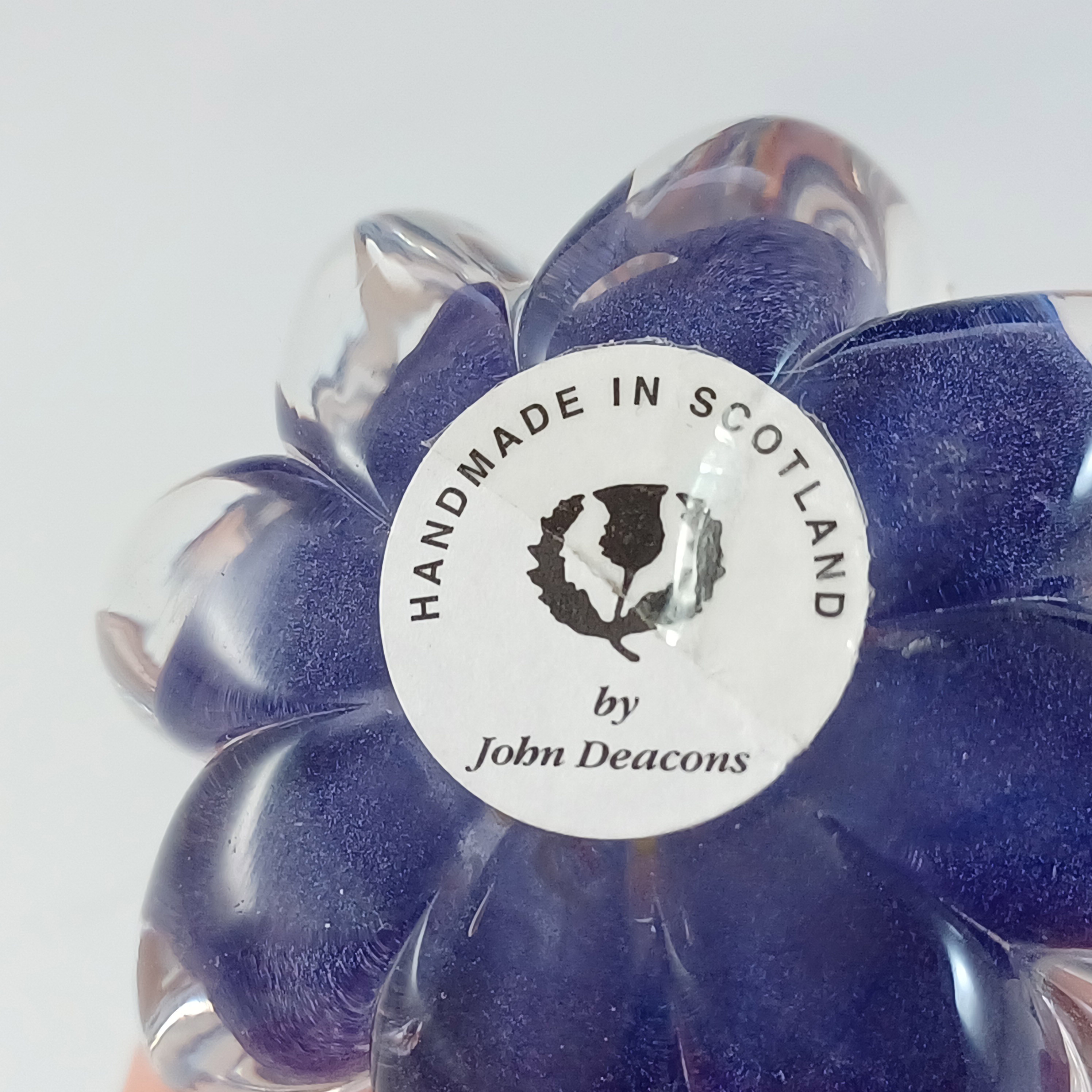 (image for) LABELLED John Deacons Blue Glass Zanfirico Lace Pie Crust Paperweight - Click Image to Close