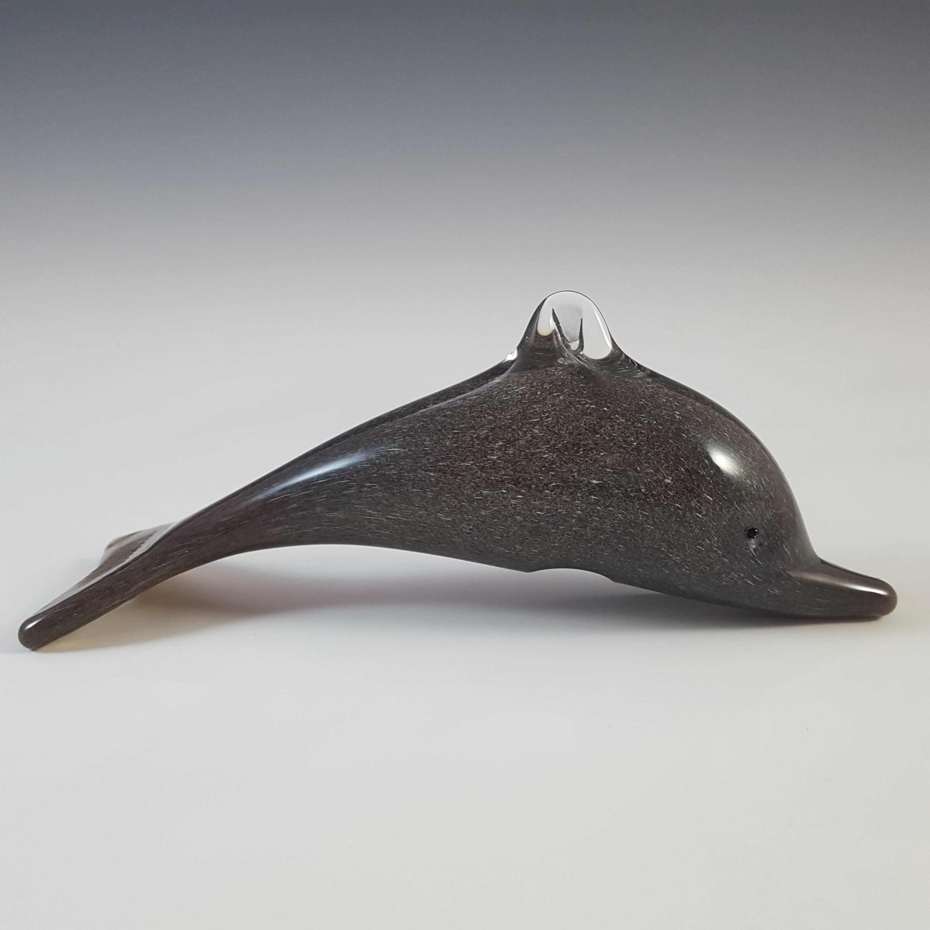 SIGNED Langham Vintage Speckled Grey Glass Dolphin Sculpture - Click Image to Close