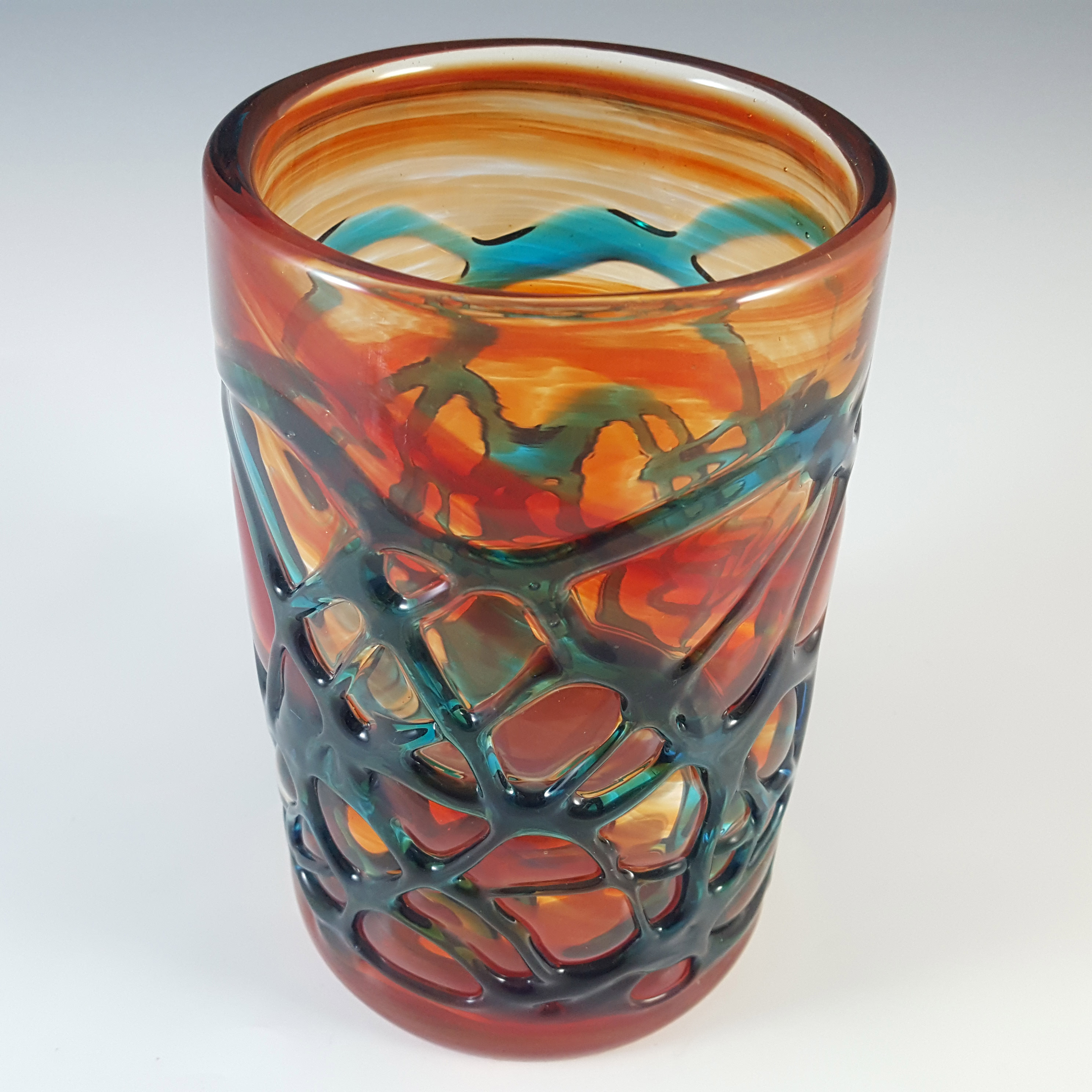 (image for) Mdina Random Strapped Maltese Red & Blue Glass Vase - Signed - Click Image to Close