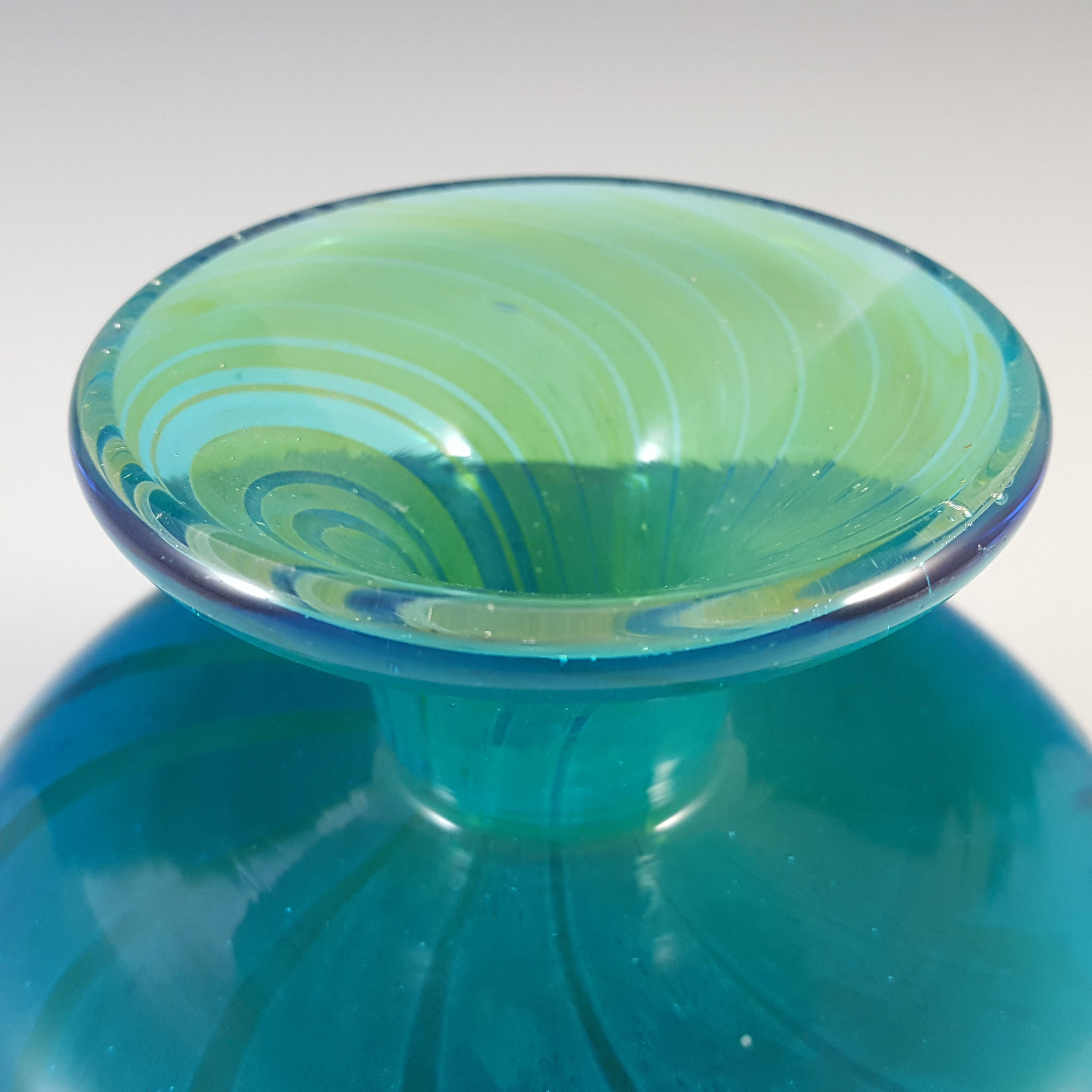 Mdina 'Ming' Maltese Blue & Green Glass Squat Vase - Signed - Click Image to Close