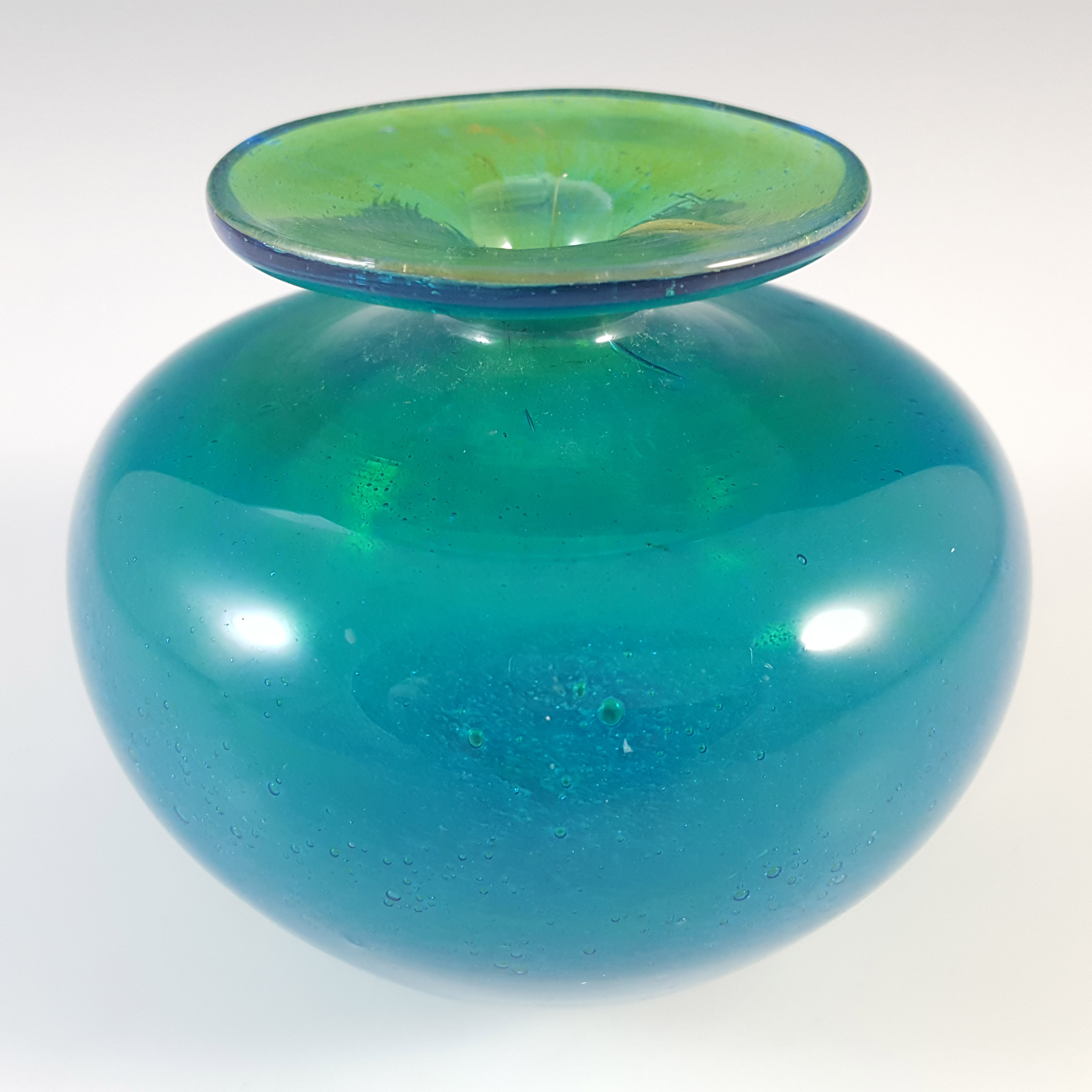 (image for) Mdina Bubbly Maltese Blue & Yellow Vintage Glass Squat Vase - Signed - Click Image to Close