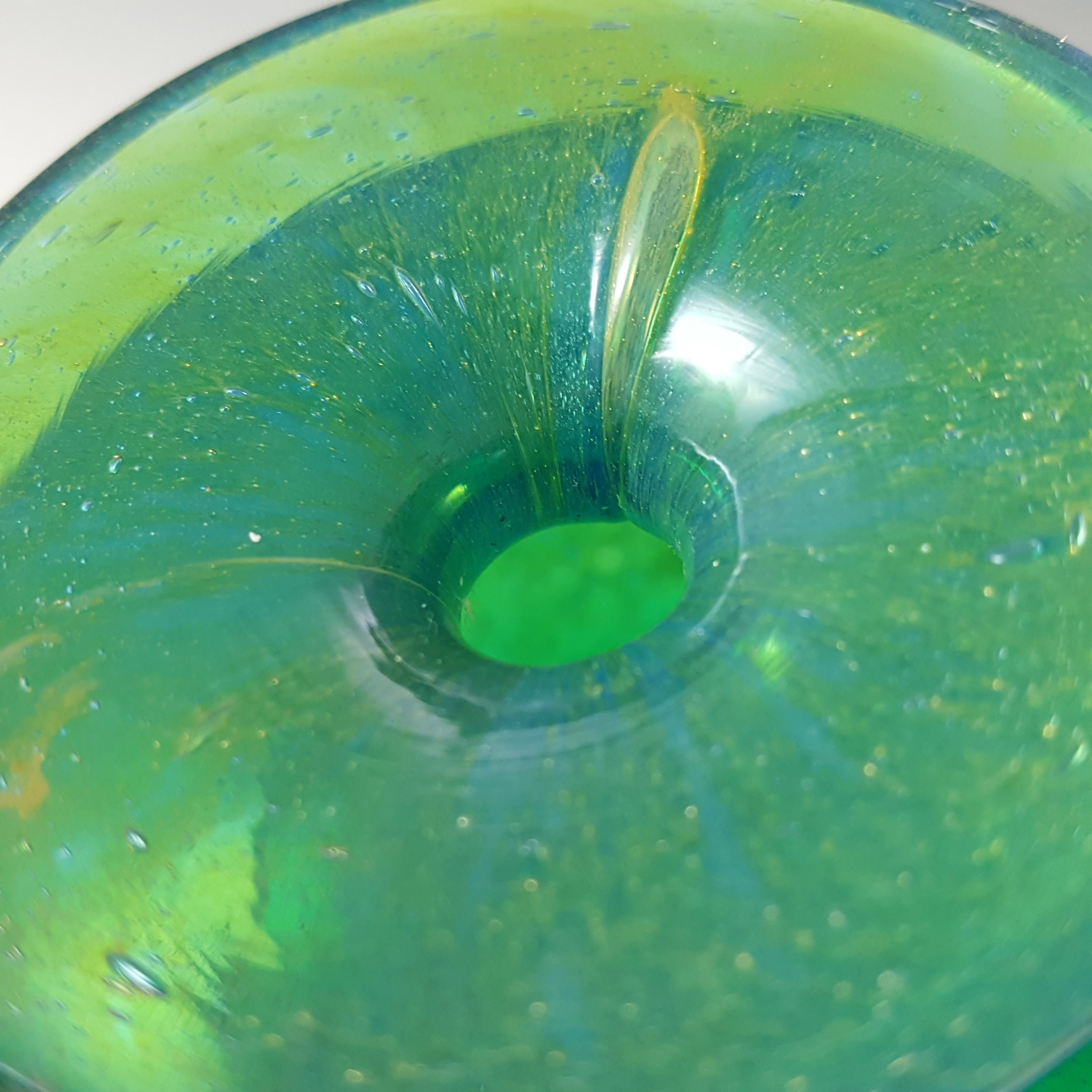 Mdina Bubbly Maltese Blue & Yellow Vintage Glass Squat Vase - Signed - Click Image to Close