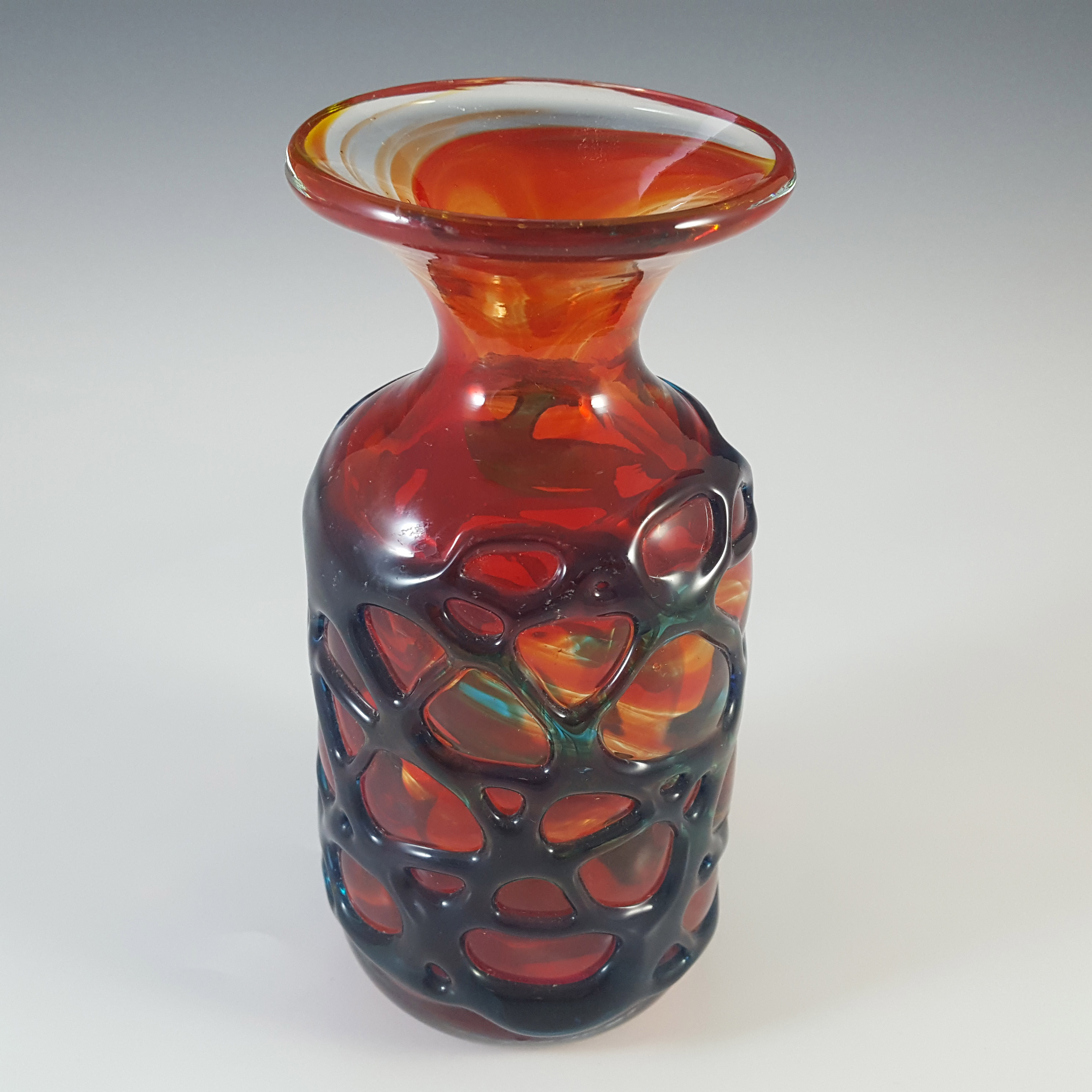 Mdina Random Strapped Maltese Red & Blue Glass Vase - Signed - Click Image to Close
