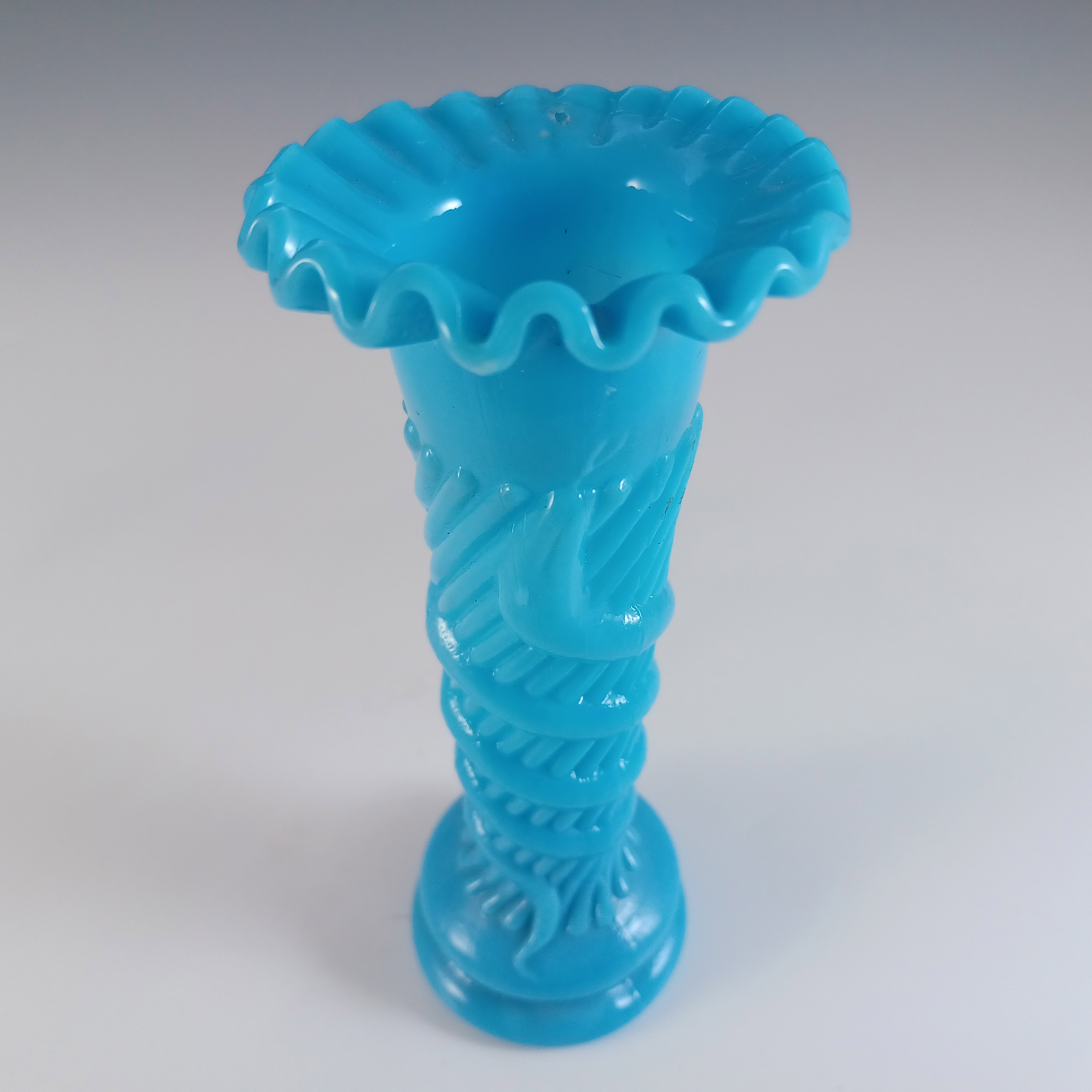 (image for) French Victorian Vintage Blue Milk Glass 'Snake' Vase - Click Image to Close